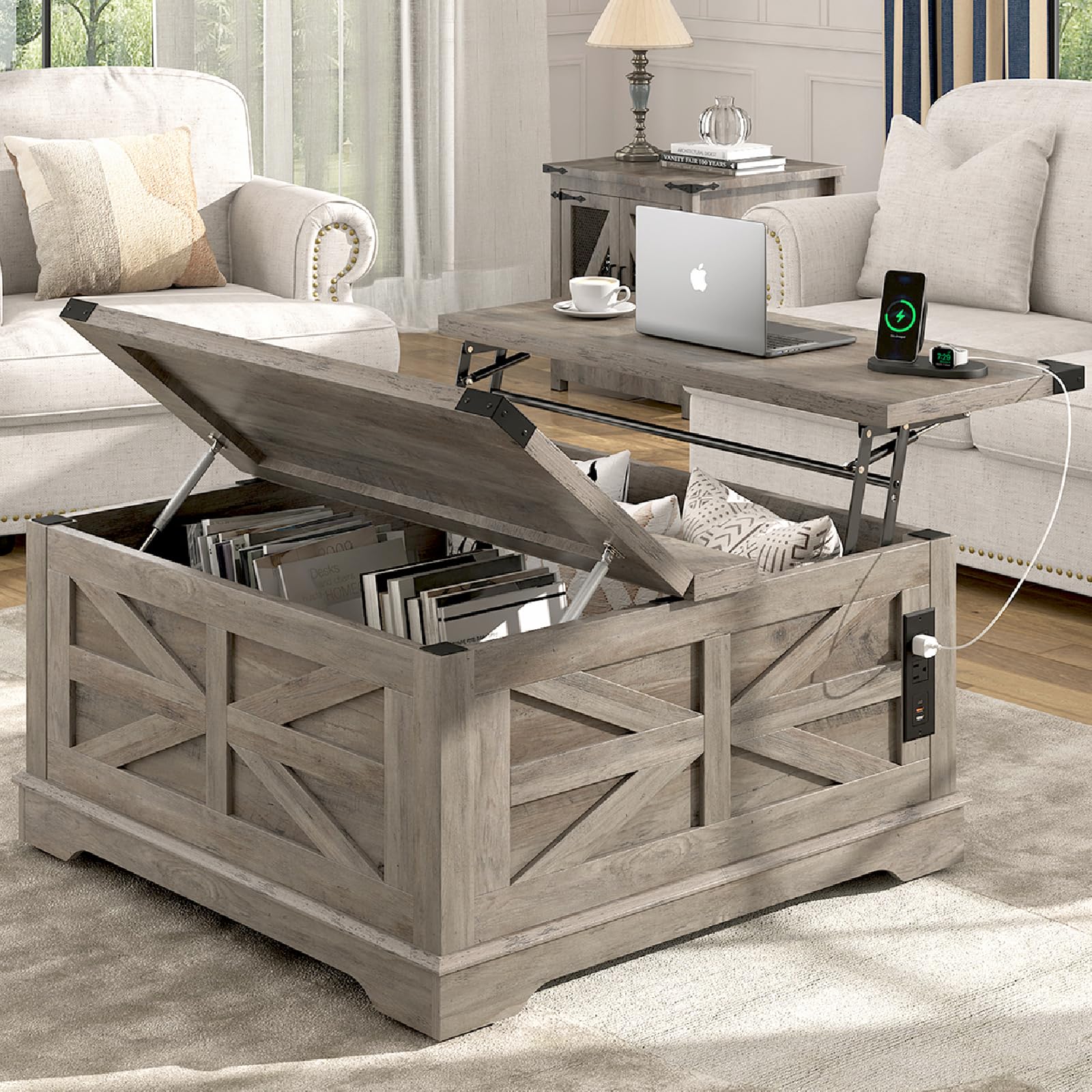 ANPOO 40" Large Farmhouse Lift Top Coffee Table with Storage & Power Outlets, Square Coffee Table w/Large Hidden Storage, Lift Wooden Barn Door Center Table for Home, Office,Rustic White