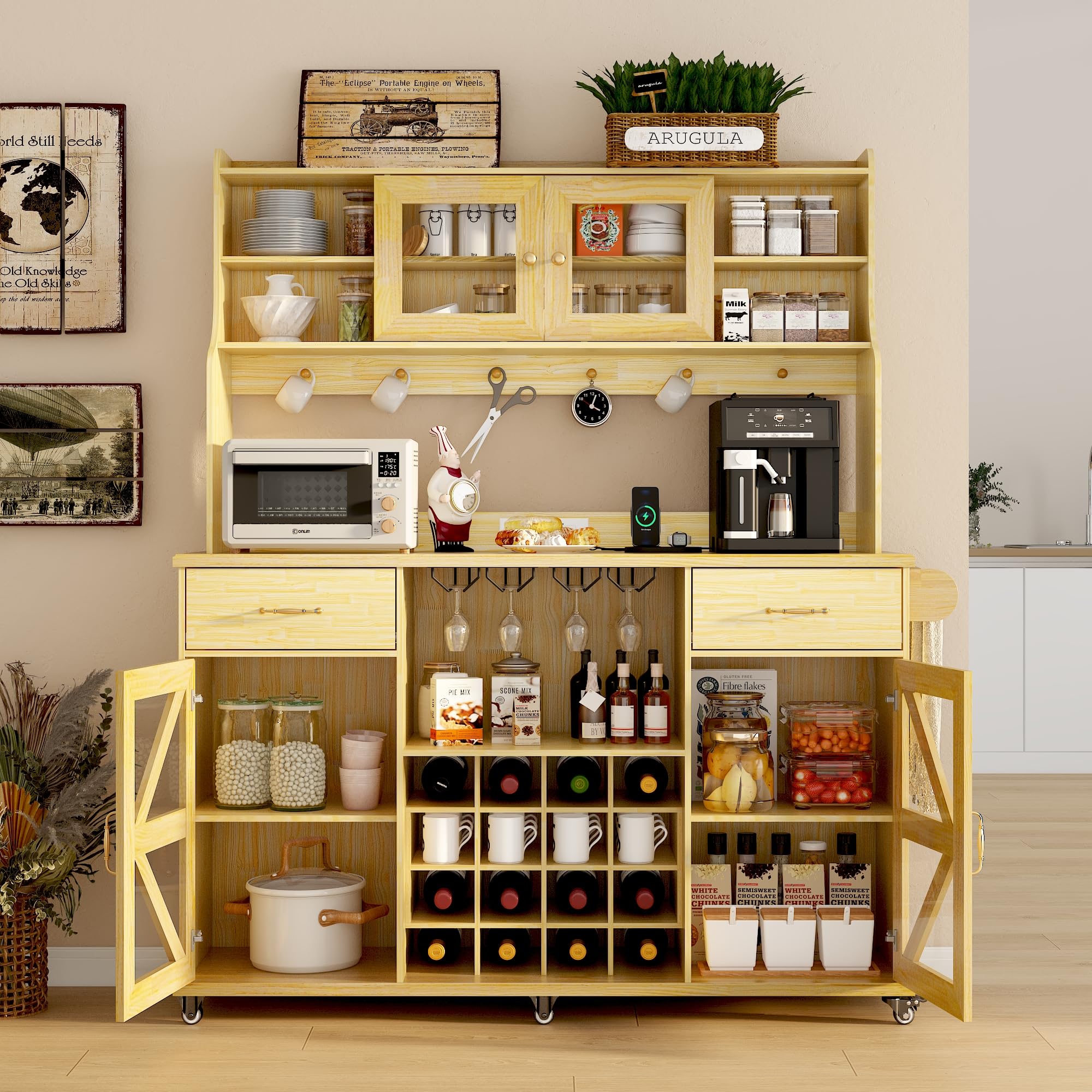 [Copy]74" Farmhouse Kitchen Pantry Storage Cabinet with LED Light & Charging Station