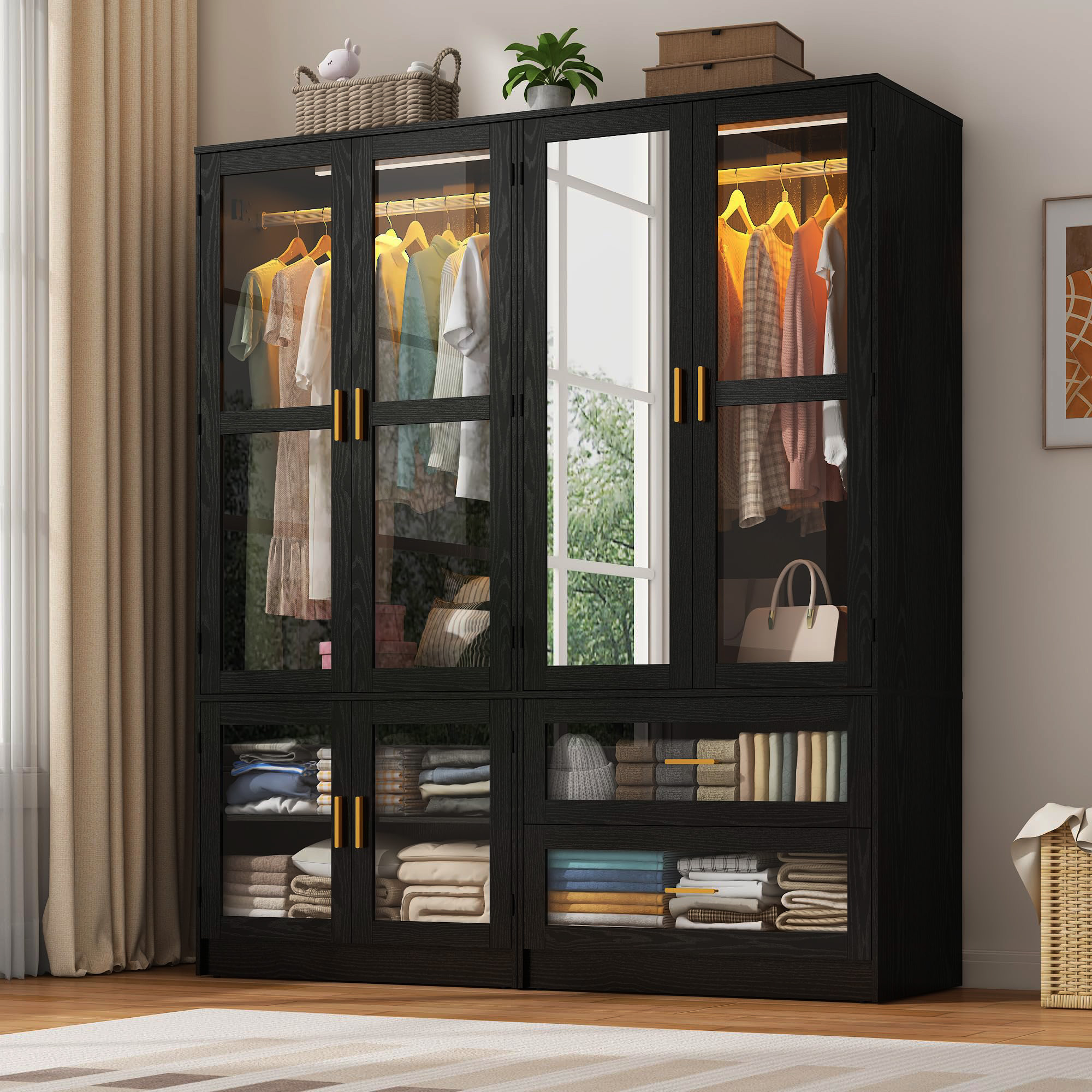 4 Glass Door Armoire Wardrobe Closet with Mirror & LED