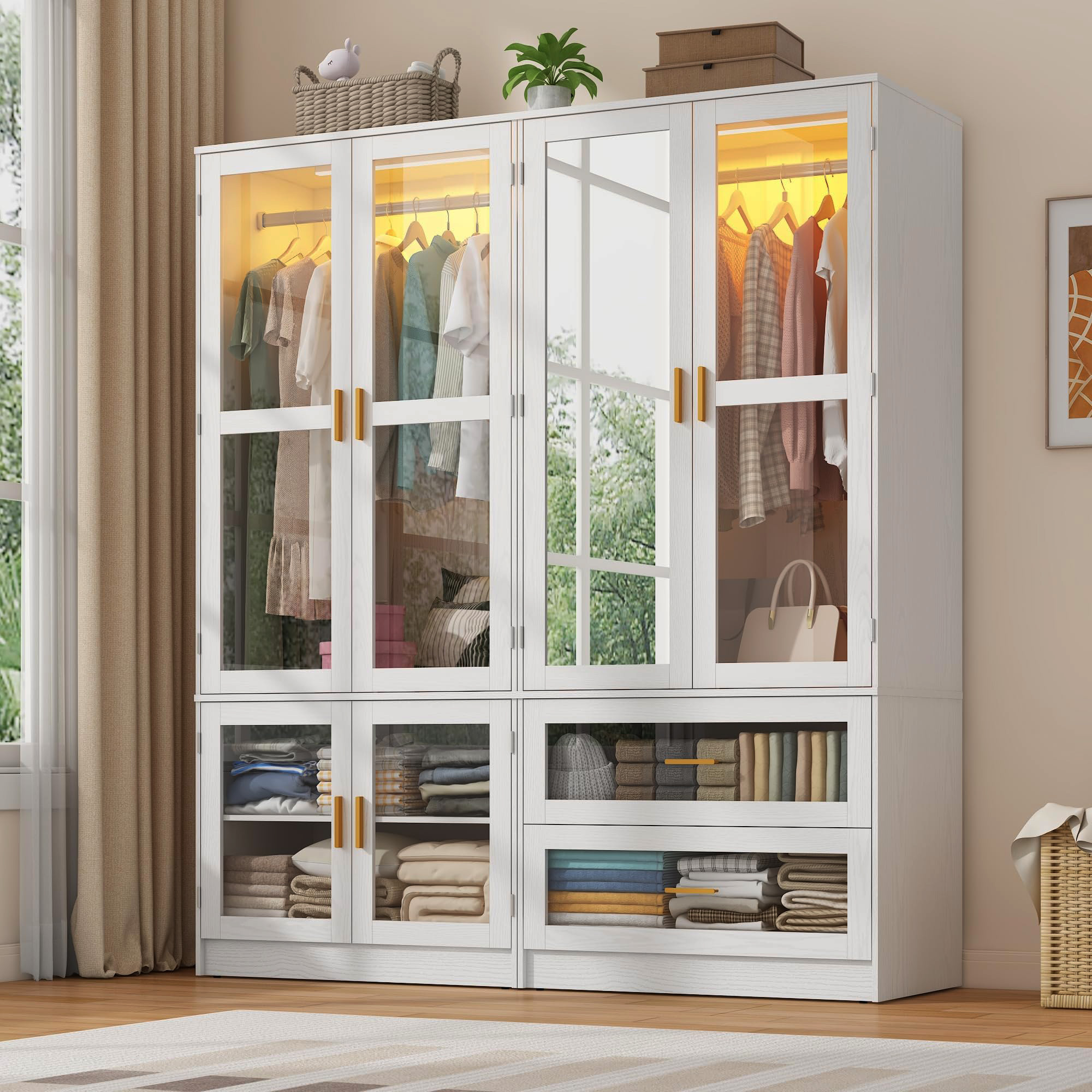 4 Glass Door Armoire Wardrobe Closet with Mirror & LED