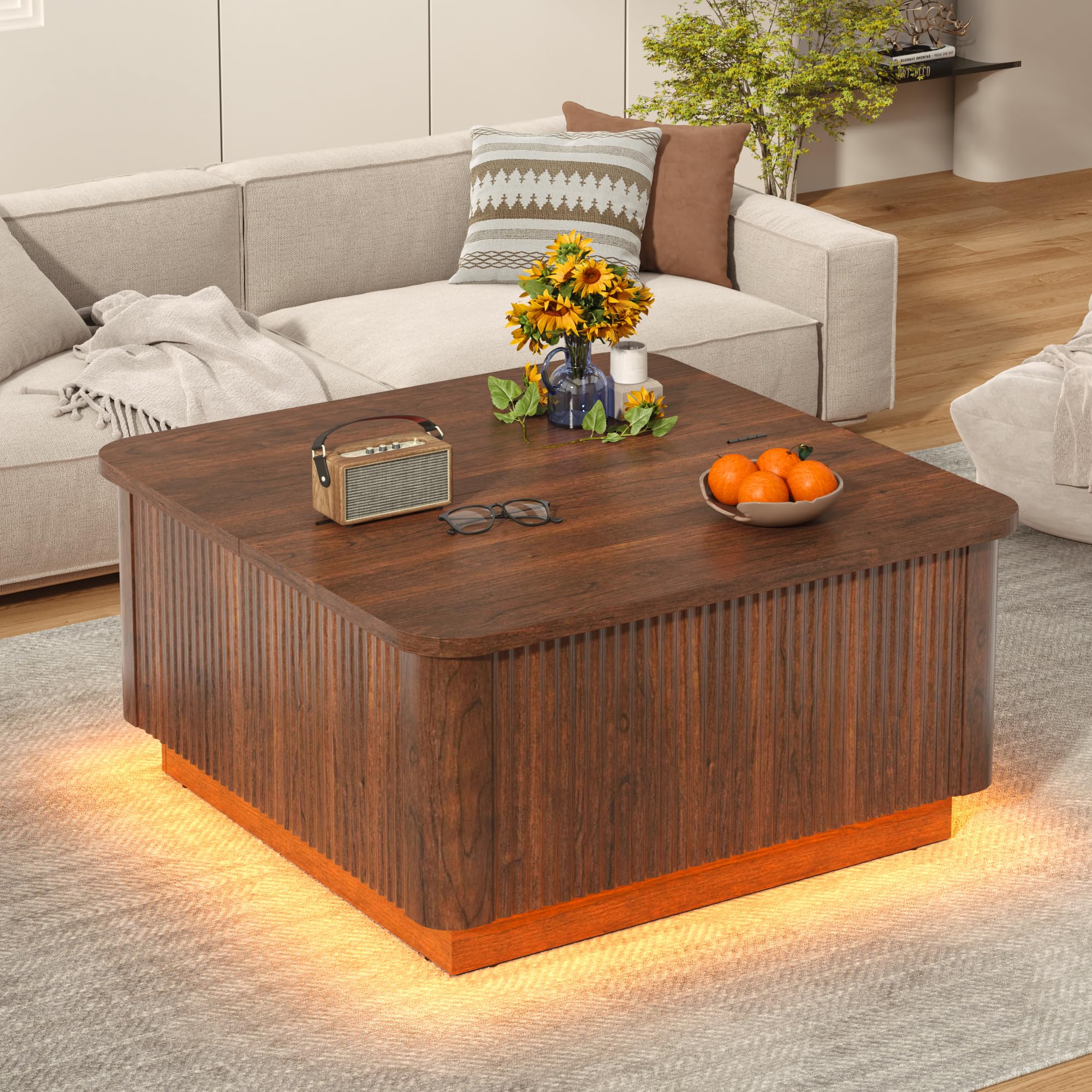 Blotout 35.4" Square Fluted Coffee Table with Lift Top and LED Lights, Wood Curved Design Center Table for Living Room, Modern Multi-Function Coffee Table with Large Hidden Space for Home,Office