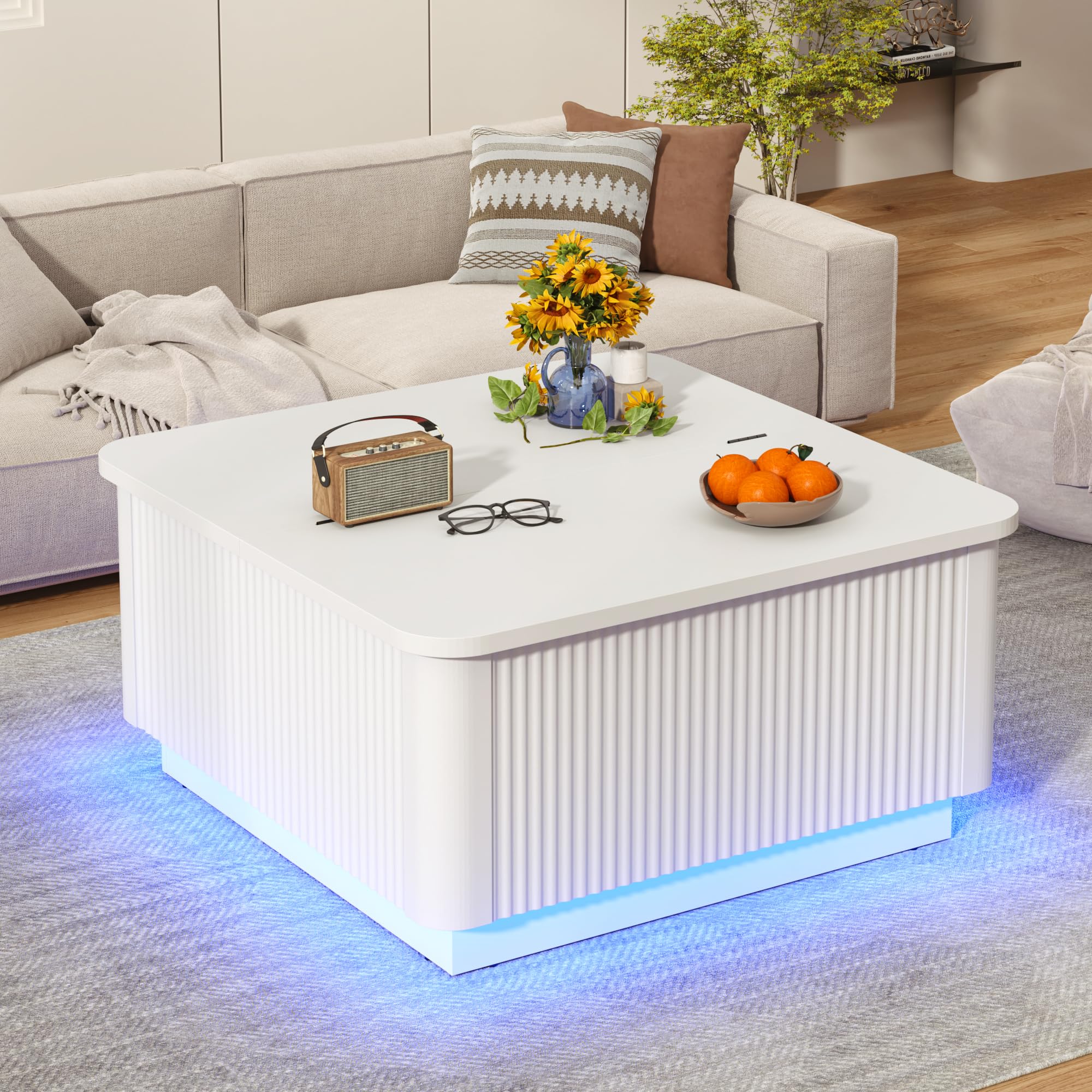 Blotout 35.4" Square Fluted Coffee Table with Lift Top and LED Lights, Wood Curved Design Center Table for Living Room, Modern Multi-Function Coffee Table with Large Hidden Space for Home,Office