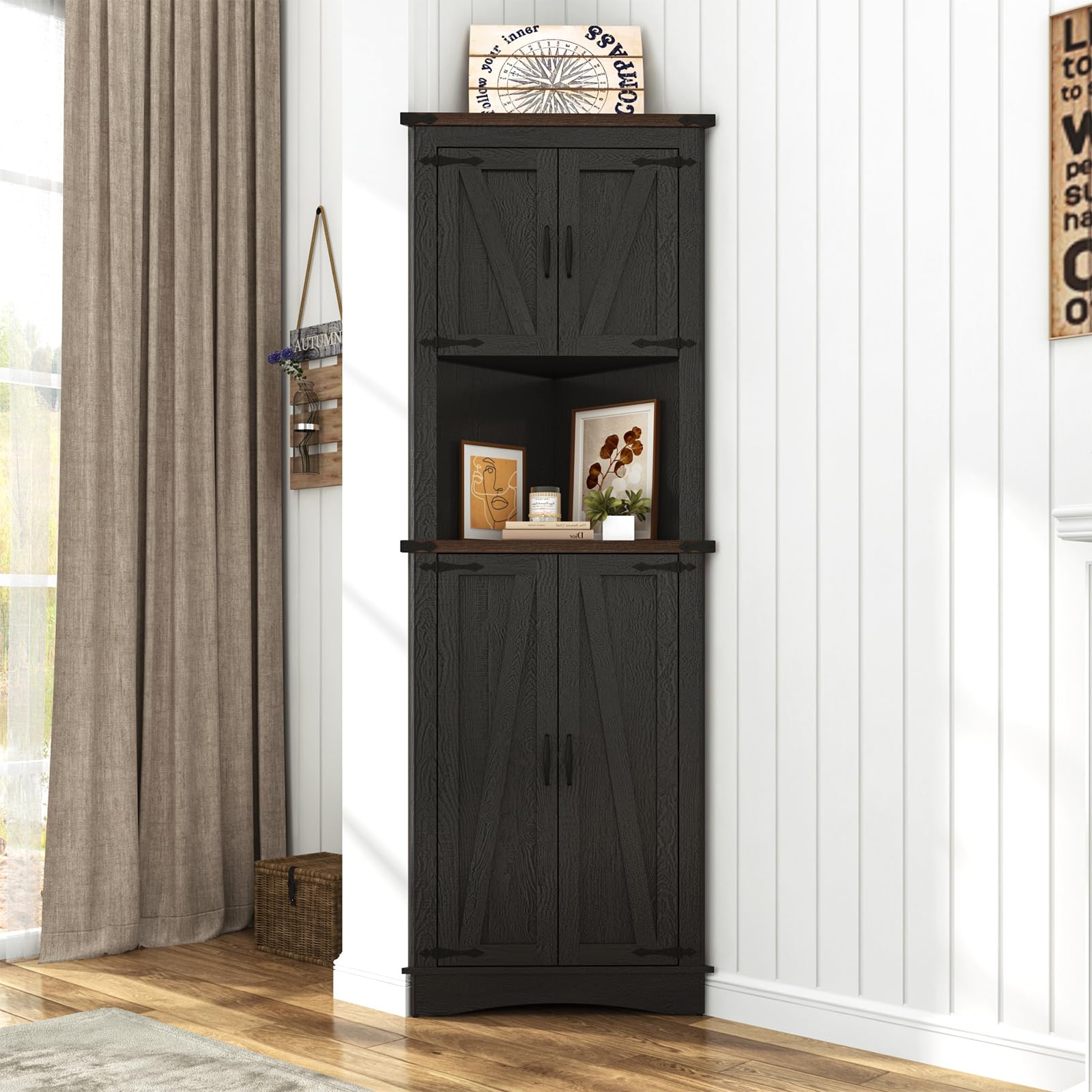 Blotout 68" Tall Farmhouse Corner Cabinet with 4 Doors, 28.3" W Barn Door Storage Cabinet with Adjustable Shelves, 5 Tier Corner Storage Cabinet for Bathroom,Living Room,Kitchen