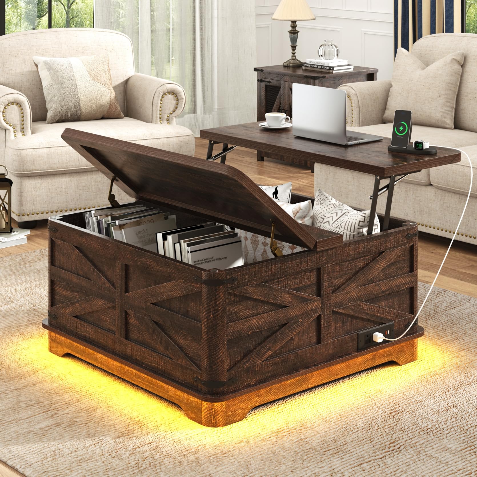 Blotout Farmhouse Lift Top Coffee Table with LED Light and Power Outlets, 36" Square Wood Living Room Storage Tables with Large Hidden Space, Lift Wooden Barn Door Center Table