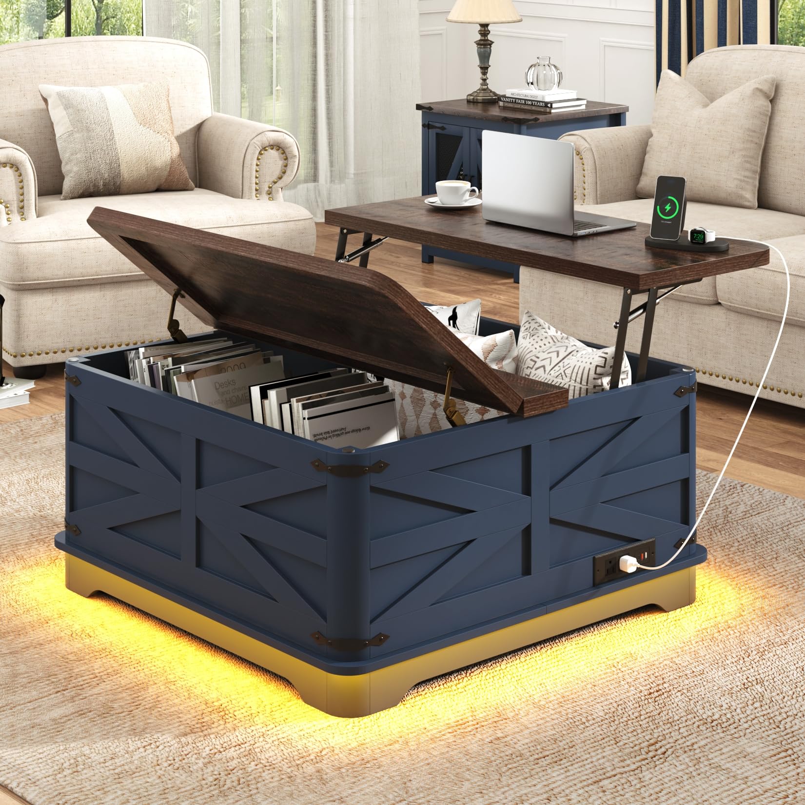 Blotout Farmhouse Lift Top Coffee Table with LED Light and Power Outlets, 36" Square Wood Living Room Storage Tables with Large Hidden Space, Lift Wooden Barn Door Center Table