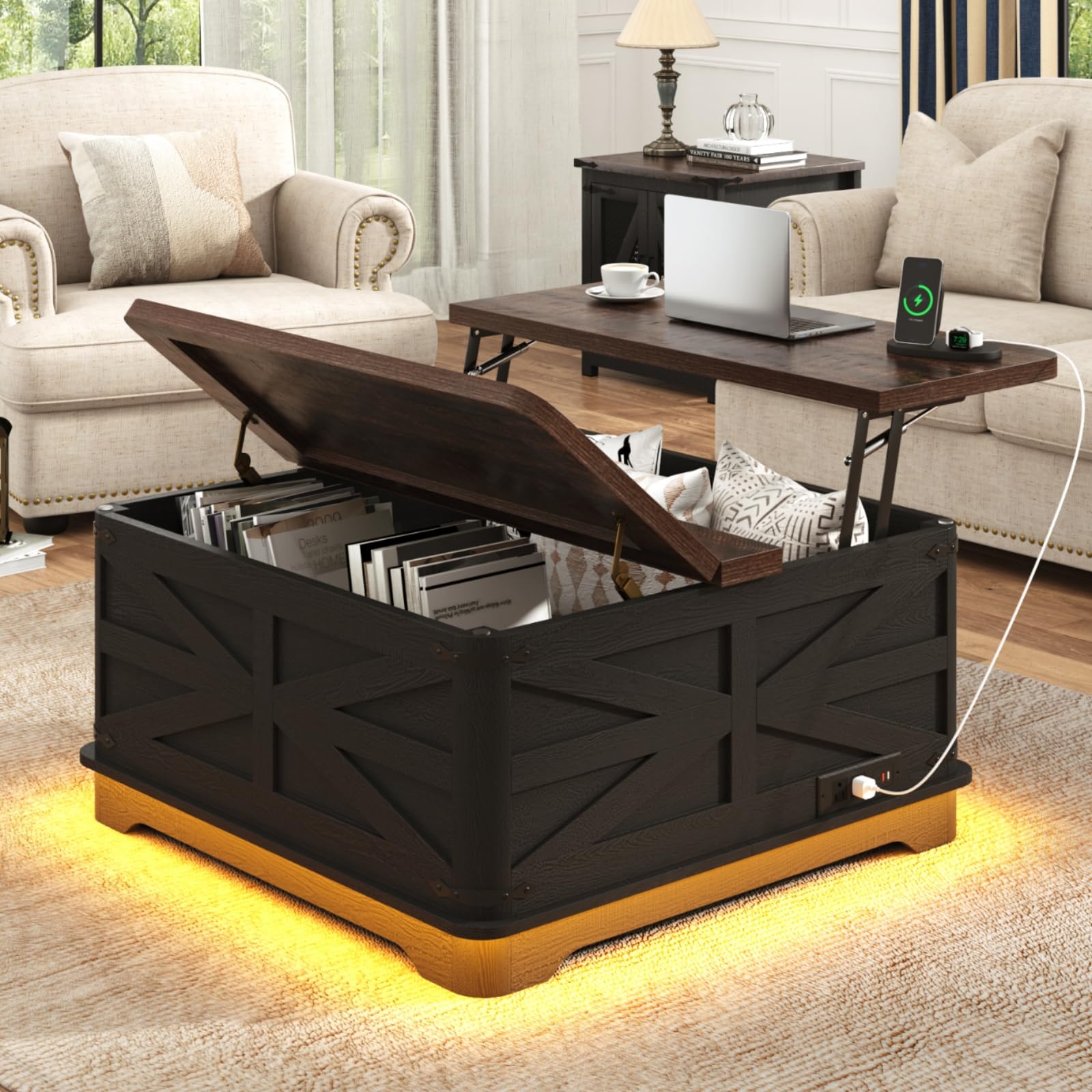 Blotout Farmhouse Lift Top Coffee Table with LED Light and Power Outlets, 36" Square Wood Living Room Storage Tables with Large Hidden Space, Lift Wooden Barn Door Center Table