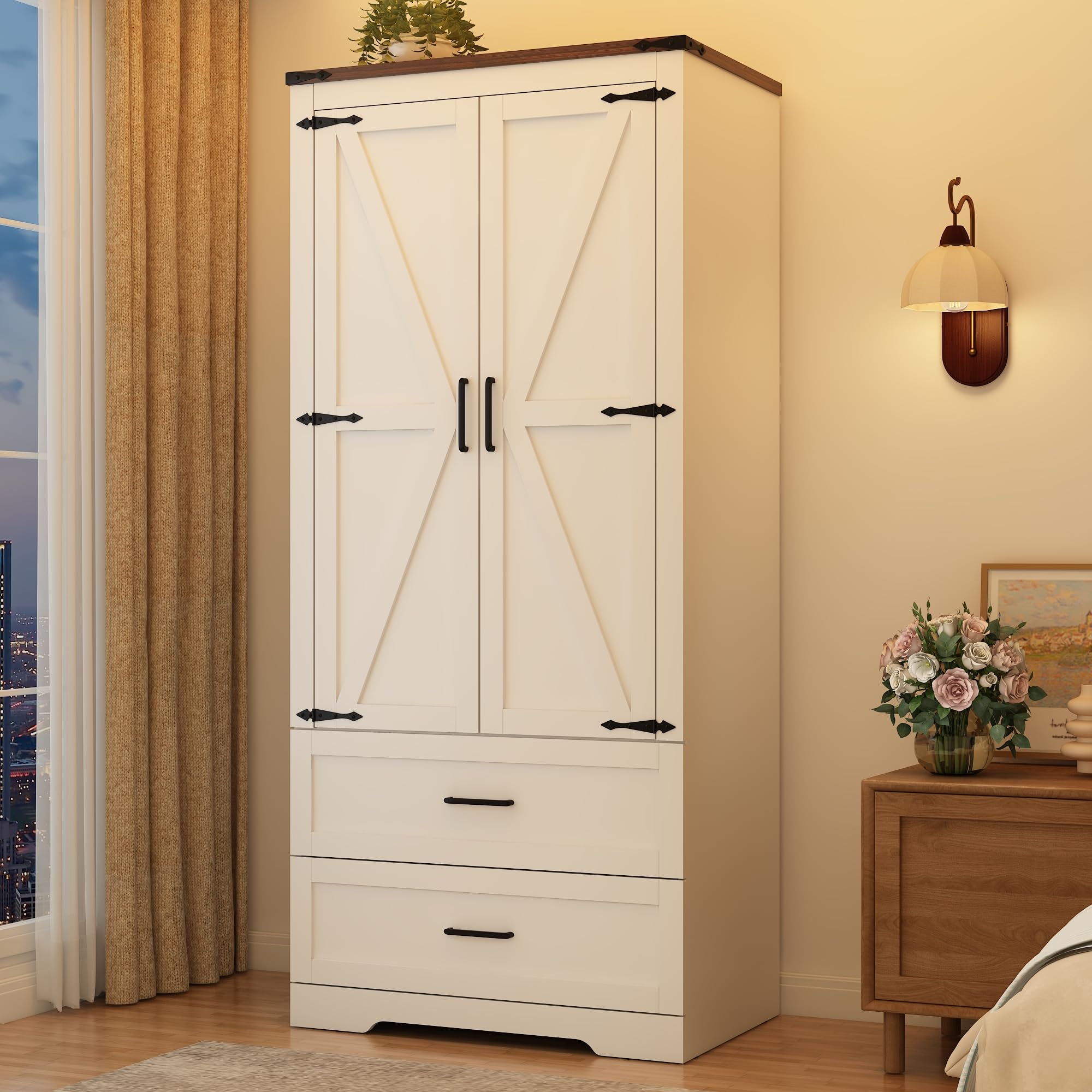 Blotout 2 Door Farmhouse Armoire Wardrobe Closet With 2 Drawers, 70" Tall Wooden Wardrobe Cabinet with Hanging Rod and Adjustable Shelves for Bedroom, White