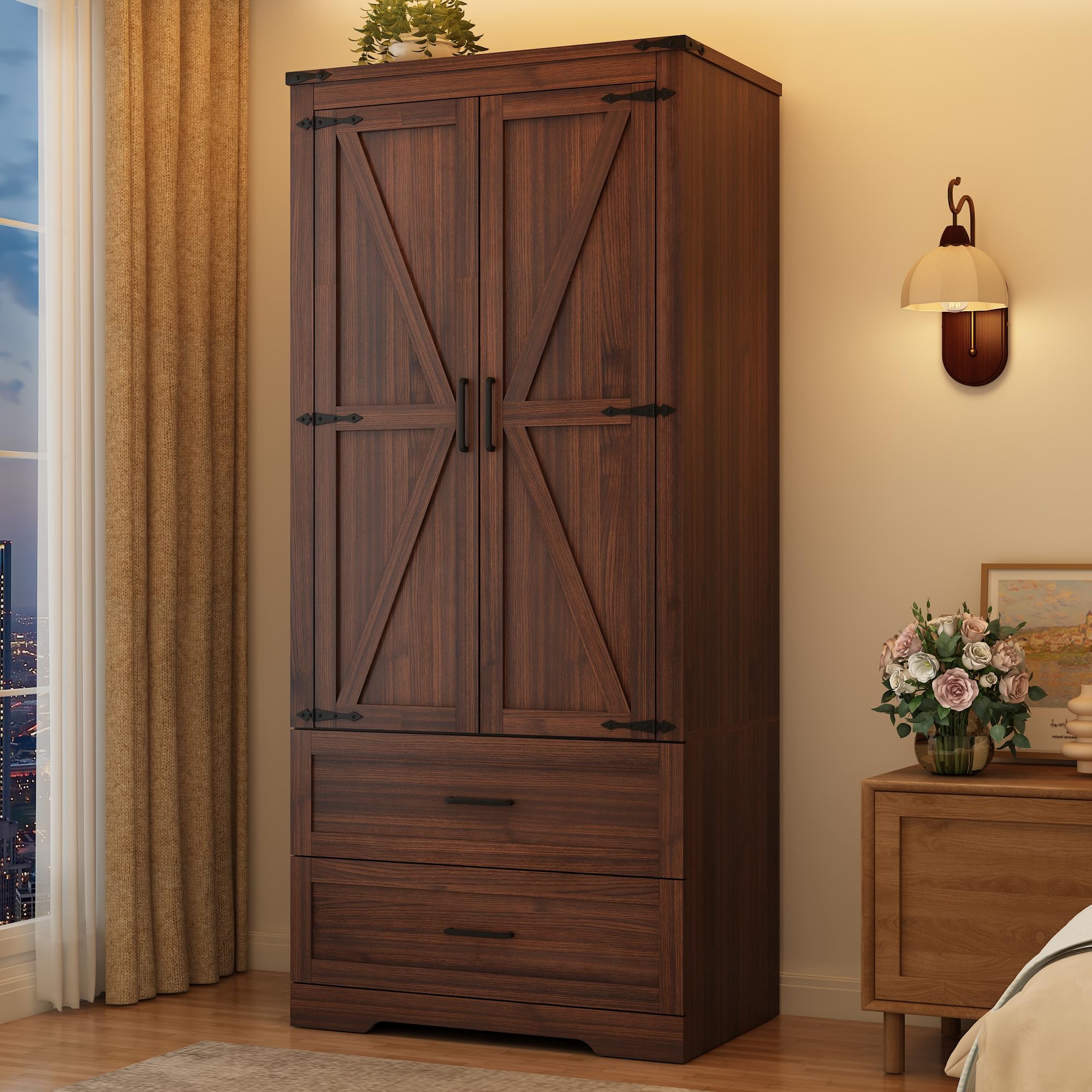 Blotout 2 Door Farmhouse Armoire Wardrobe Closet With 2 Drawers, 70" Tall Wooden Wardrobe Cabinet with Hanging Rod and Adjustable Shelves for Bedroom, White