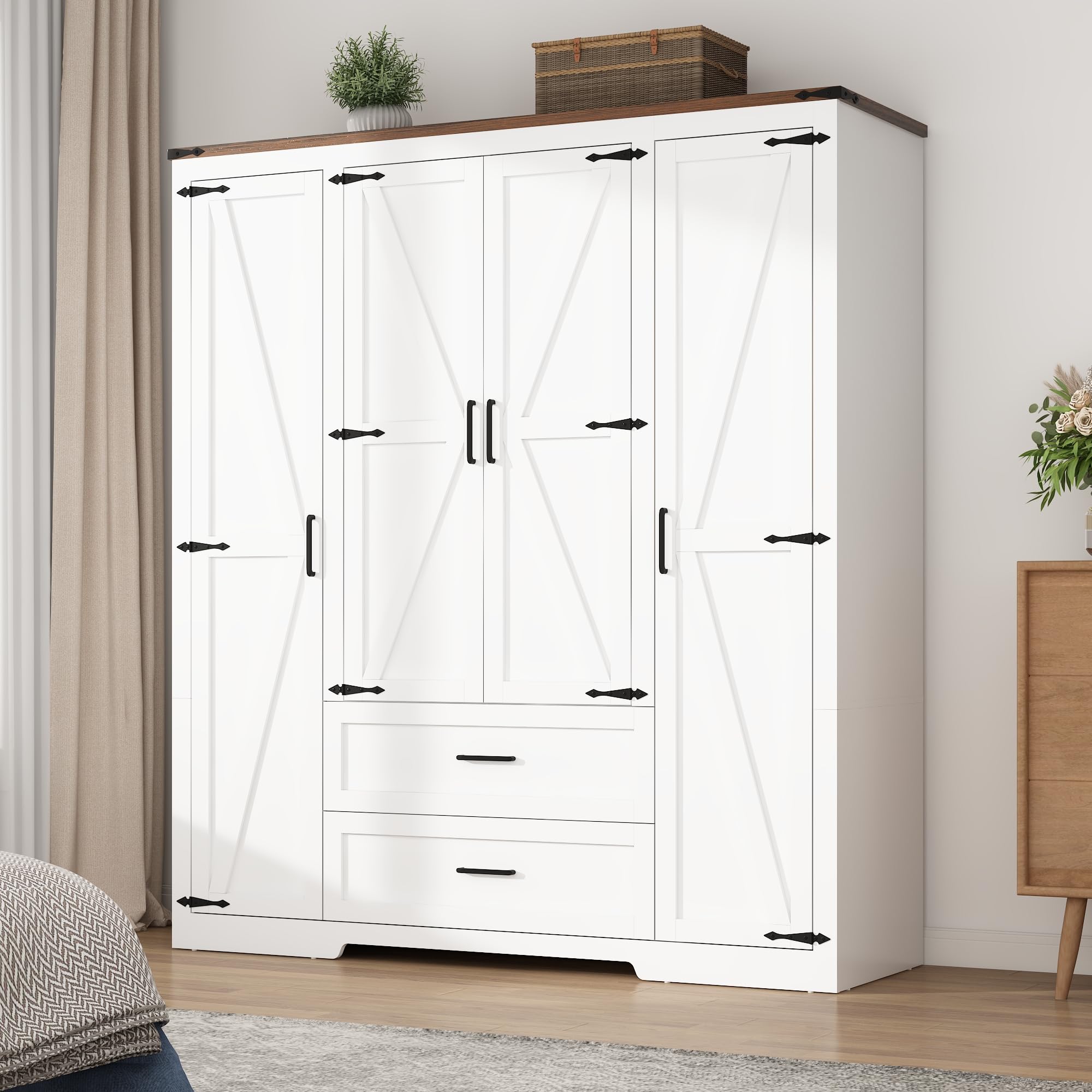Blotout 2 Door Farmhouse Armoire Wardrobe Closet With 2 Drawers, 70" Tall Wooden Wardrobe Cabinet with Hanging Rod and Adjustable Shelves for Bedroom, White