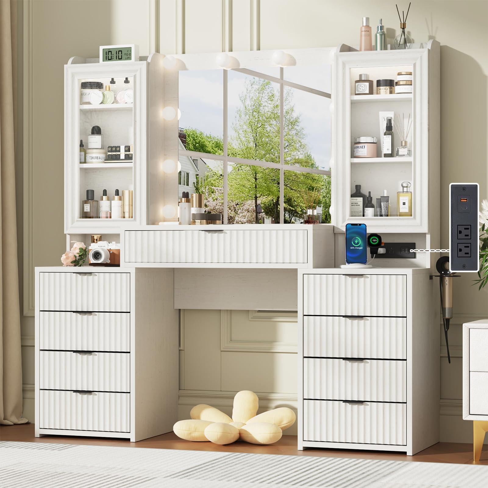 55" Large Vanity Desk with Mirror & Lights, Glass Top Vanity Desk with Charging Station & Compartment Storage Drawers, Fluted Makeup Vanity Table with 9 Drawers/6 Shelves/2 Glass Cabinets, Oak