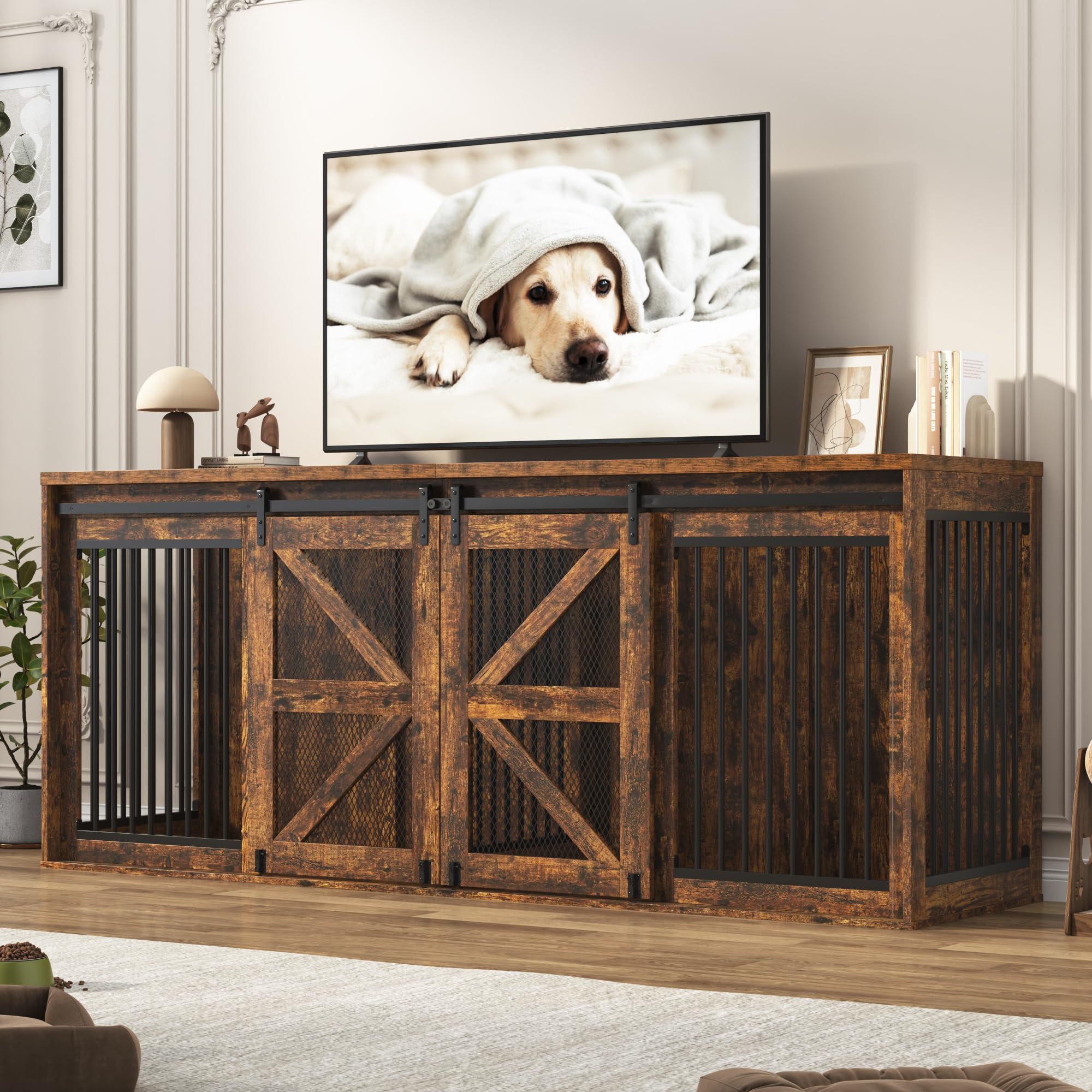 Blotout 87" Large Farmhouse Dog Crate TV Stand, Wooden Dog Crate Furniture with with Divider Panel/Sliding Metal Mesh Barn Door, XL-XXL Heavty Duty Dog Crates Furniture for 2 Medium or Large Dogs