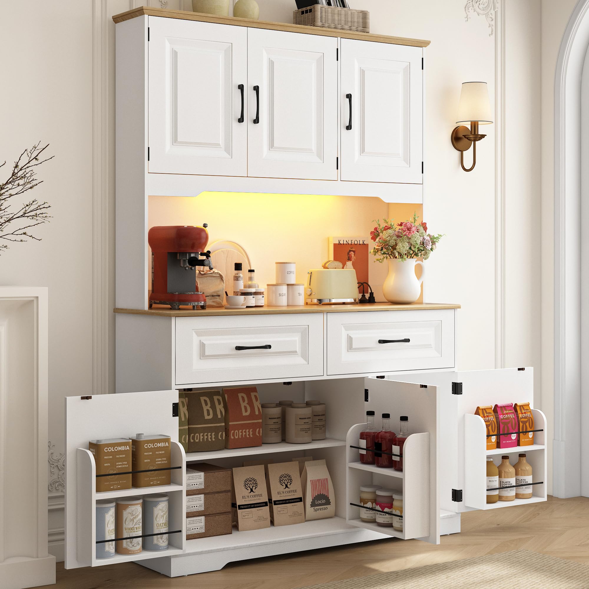 71" Tall Kitchen Pantry Cabinet with 6 Doors Shelves & Led Lights & Charge Station, 47" Wide Freestanding Farmhouse Cupboard with 2 Drawer,6 Doors Storage,Adjustable Shelves,Open Countertop, Black