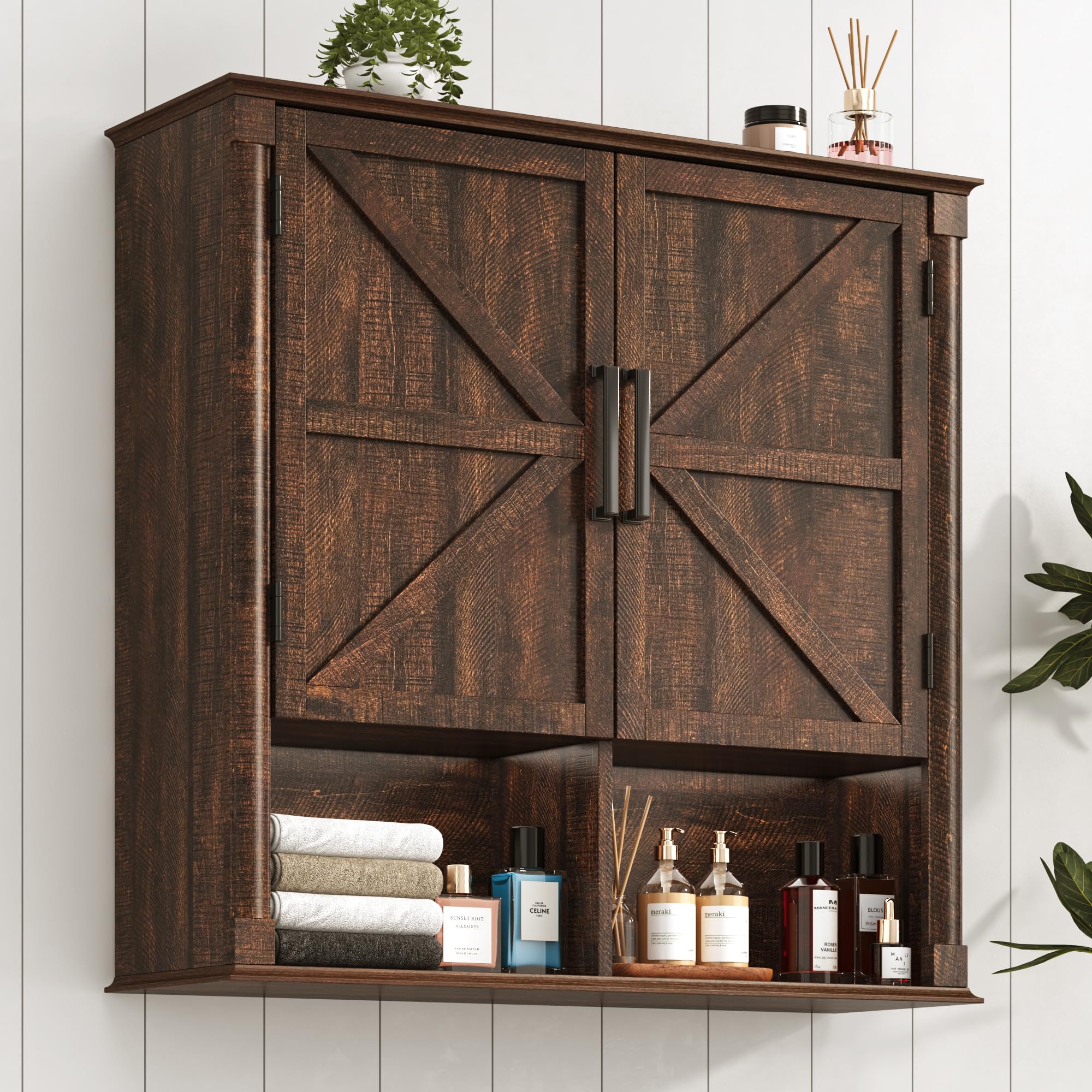 Farmhouse Wall Medicine Cabinets with 2 Barn Doors, Wood Bathroom Storage Cabinet with Roman Column Decor,Farmhouse Double Storage Cabinets with Adjustable Shelf & Door Cabinets, Rustic White