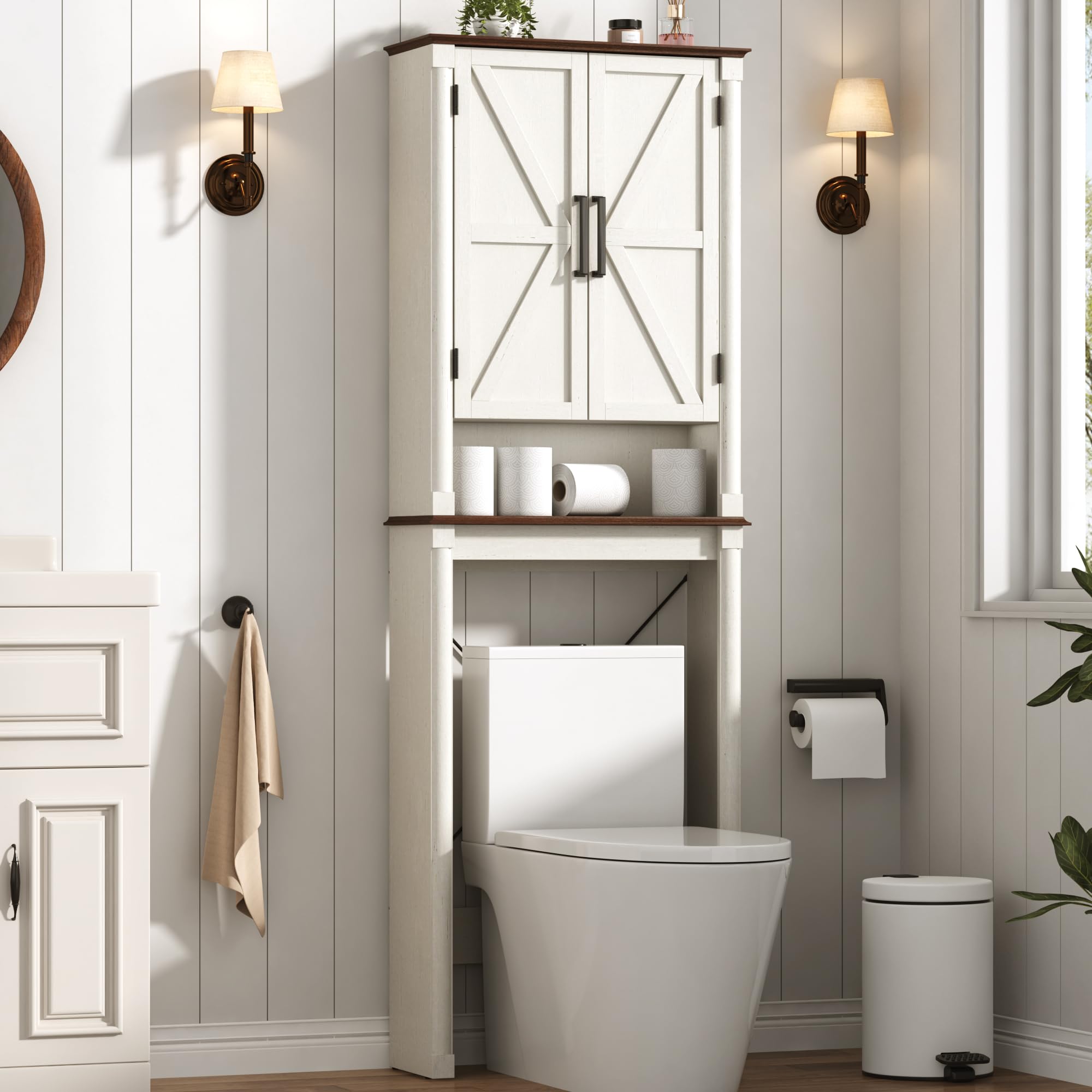 Farmhouse Wall Medicine Cabinets with 2 Barn Doors, Wood Bathroom Storage Cabinet with Roman Column Decor,Farmhouse Double Storage Cabinets with Adjustable Shelf & Door Cabinets, Rustic White