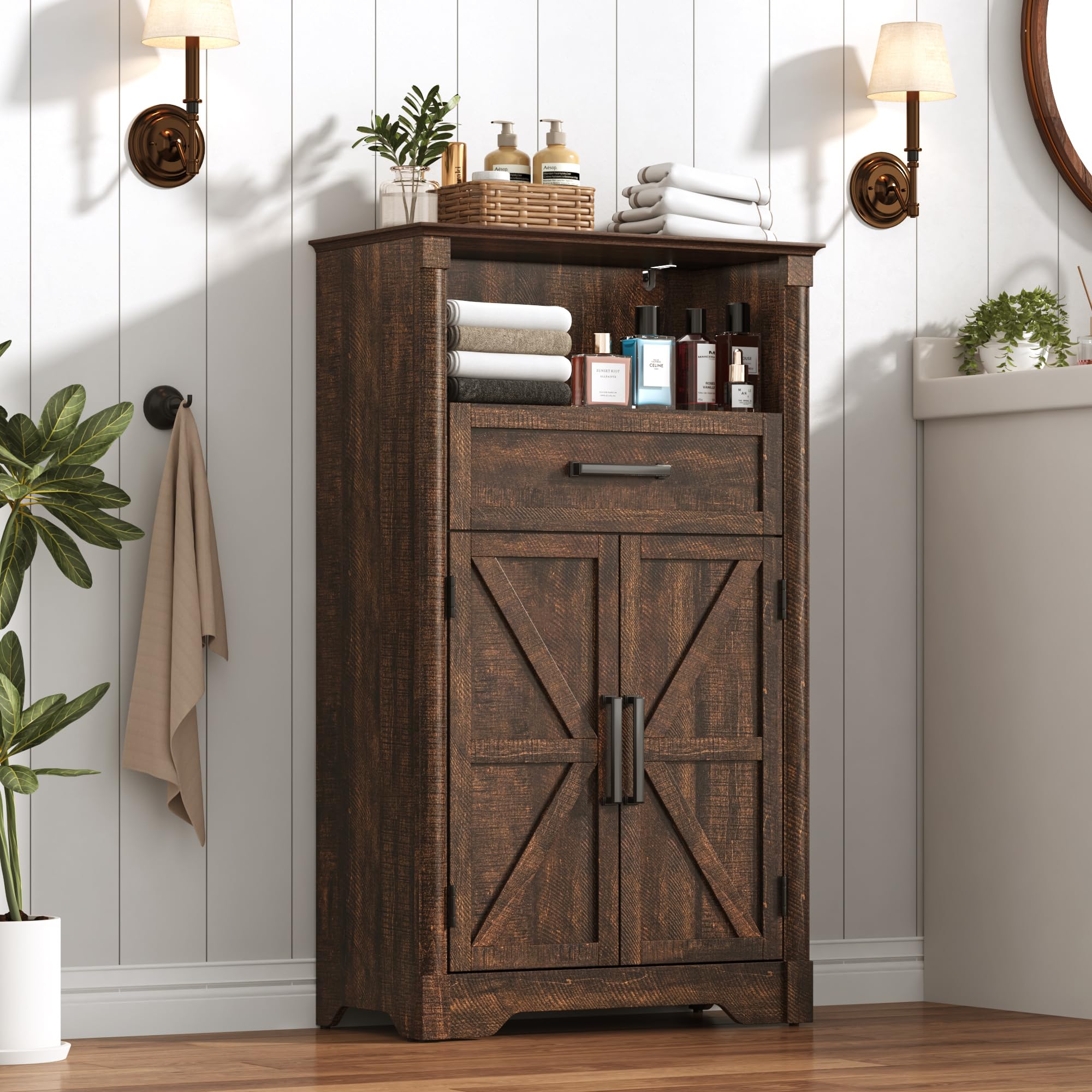 Farmhouse Wall Medicine Cabinets with 2 Barn Doors, Wood Bathroom Storage Cabinet with Roman Column Decor,Farmhouse Double Storage Cabinets with Adjustable Shelf & Door Cabinets, Rustic White