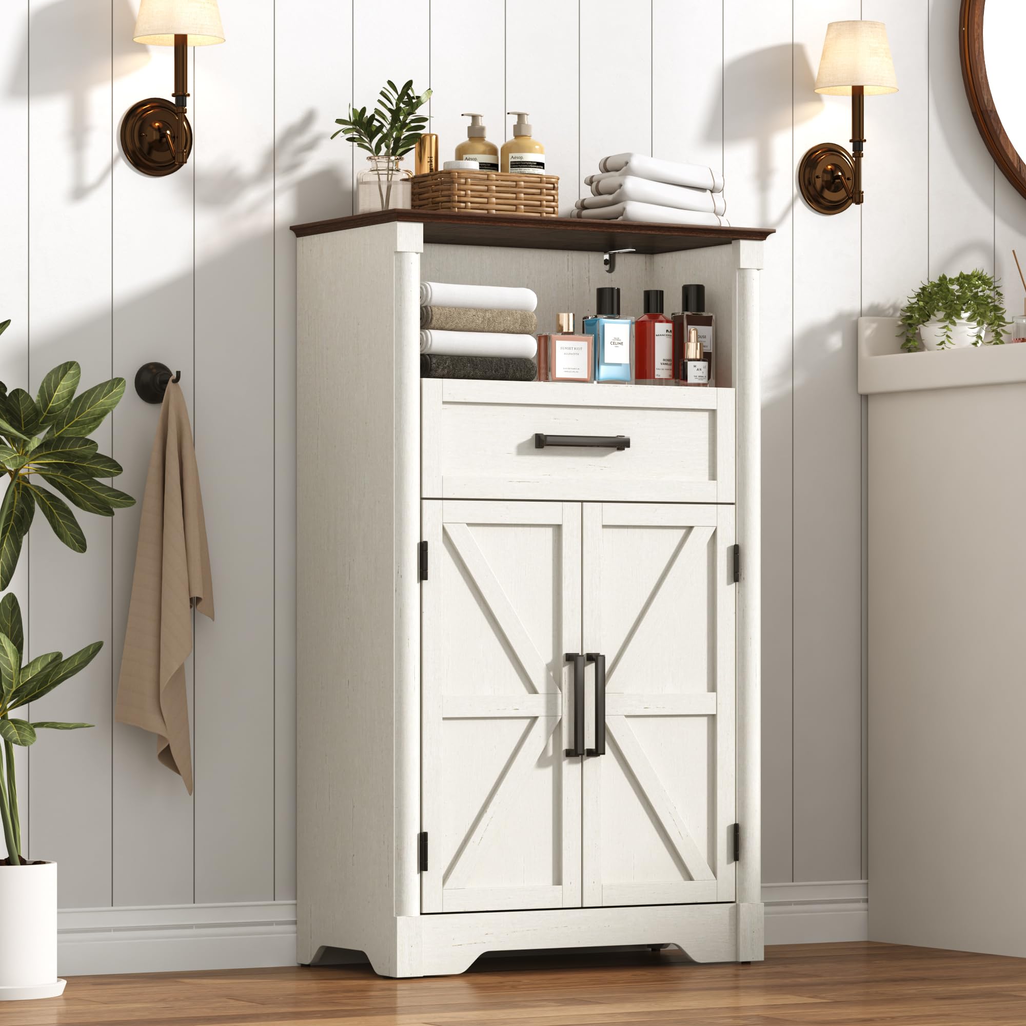 Farmhouse Wall Medicine Cabinets with 2 Barn Doors, Wood Bathroom Storage Cabinet with Roman Column Decor,Farmhouse Double Storage Cabinets with Adjustable Shelf & Door Cabinets, Rustic White