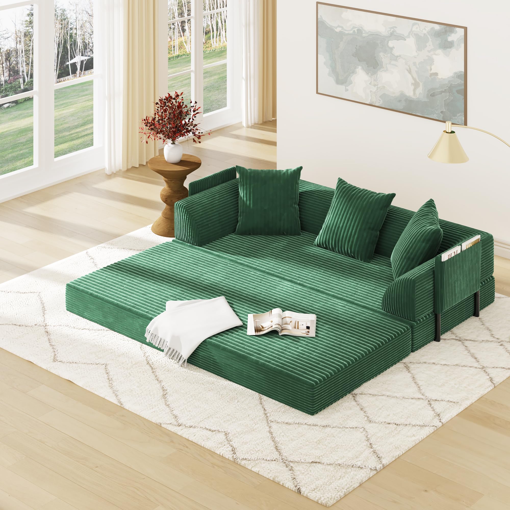 Blotout 5-in-1 Folding Convertible Sofa Bed with 3 Pillows, 79" Large Corduroy Boneless Couch with Armrest Pockets, Lounge Loveseat Sleeper with Pull Out Bed for Living Room Bedroom, Beige