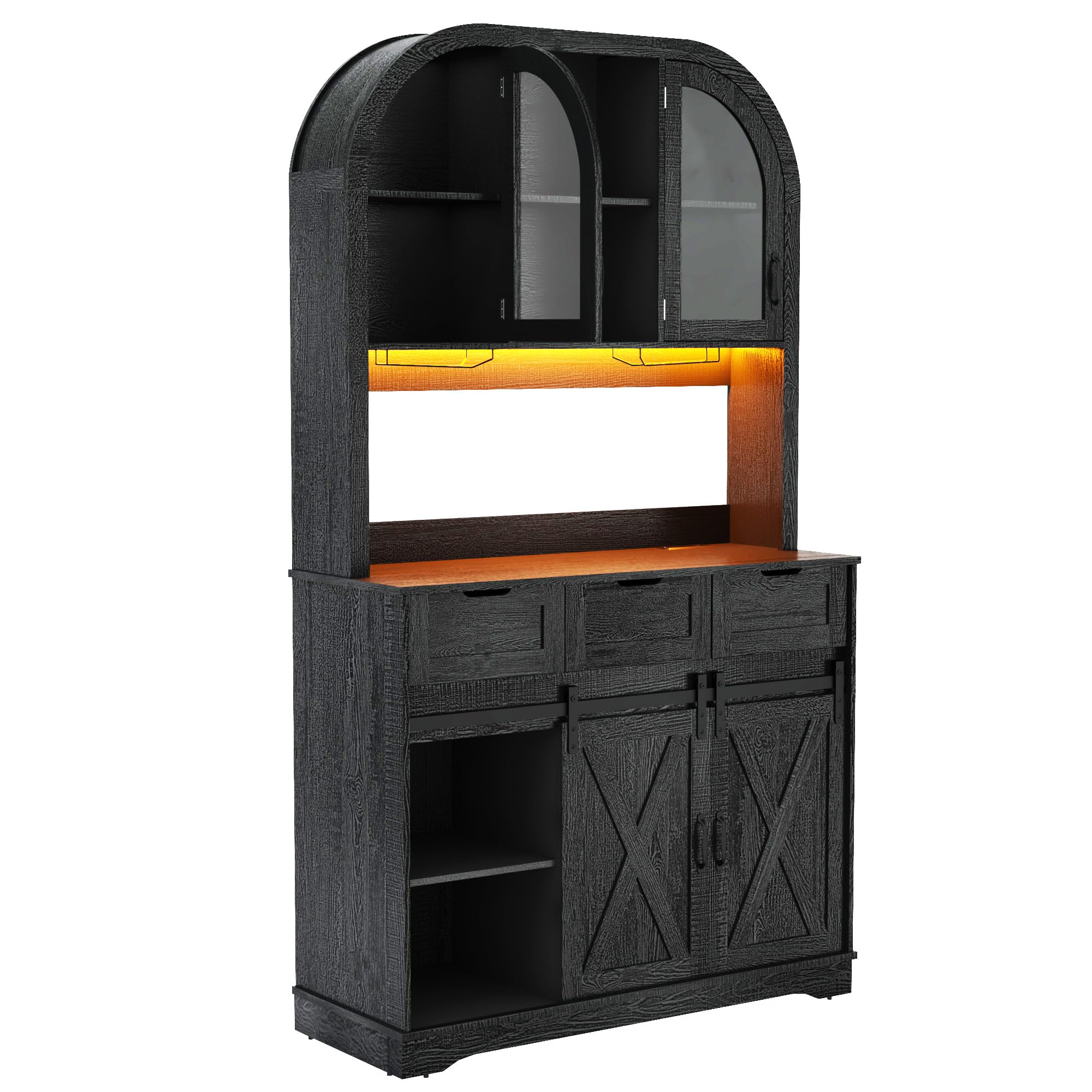 ANPOO 72" Tall Arched Coffee Bar Cabinet with Power Outlet, LED Lights & Sliding Barn Door, Farmhouse 42" W Kitchen Hutch Storage Cabinet with 4 Drawers for Home Bar