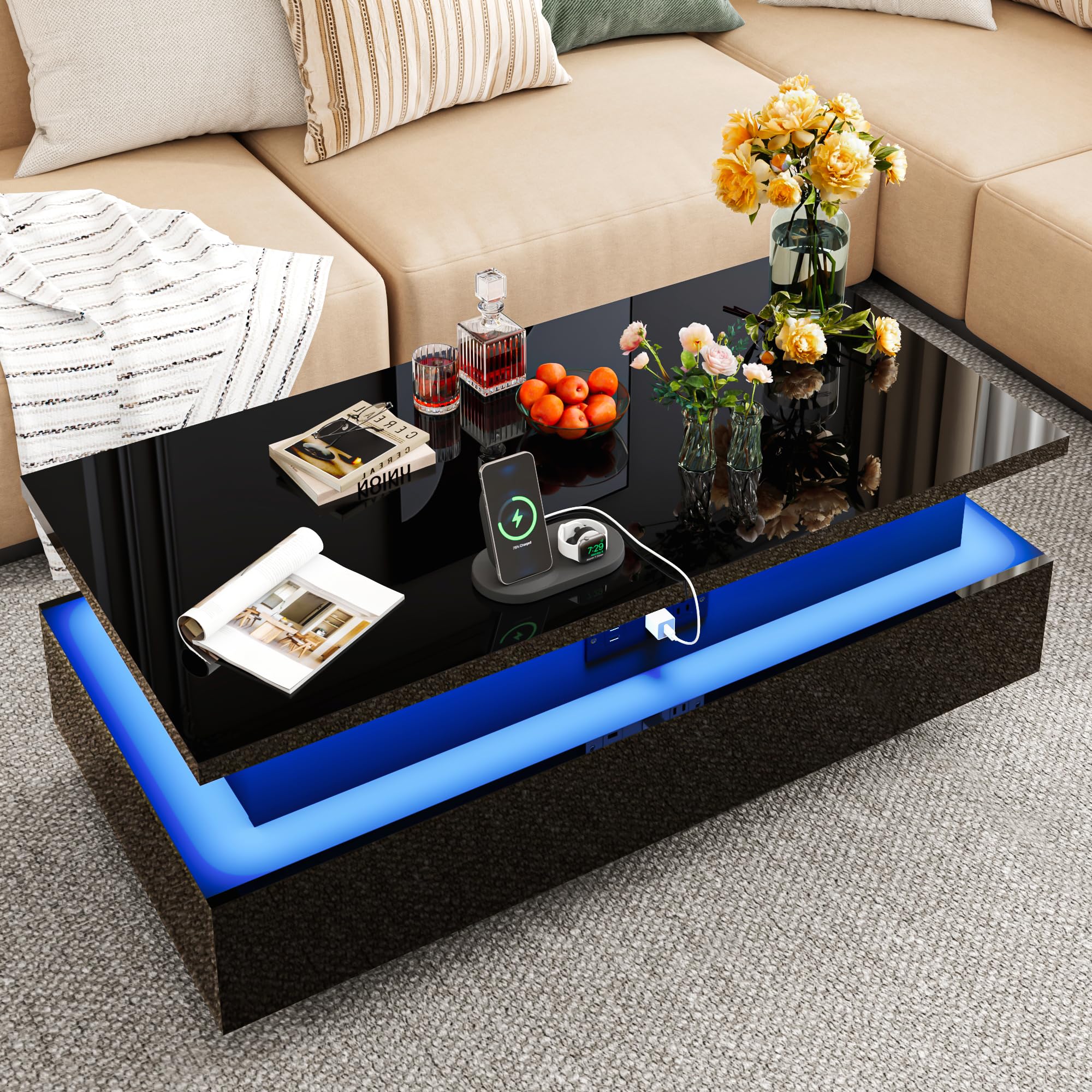 Modern LED Coffee Table with Storage, High Gloss Coffee Tables Rectangular Center Table with Open Display Shelf & 2 Sliding Drawers