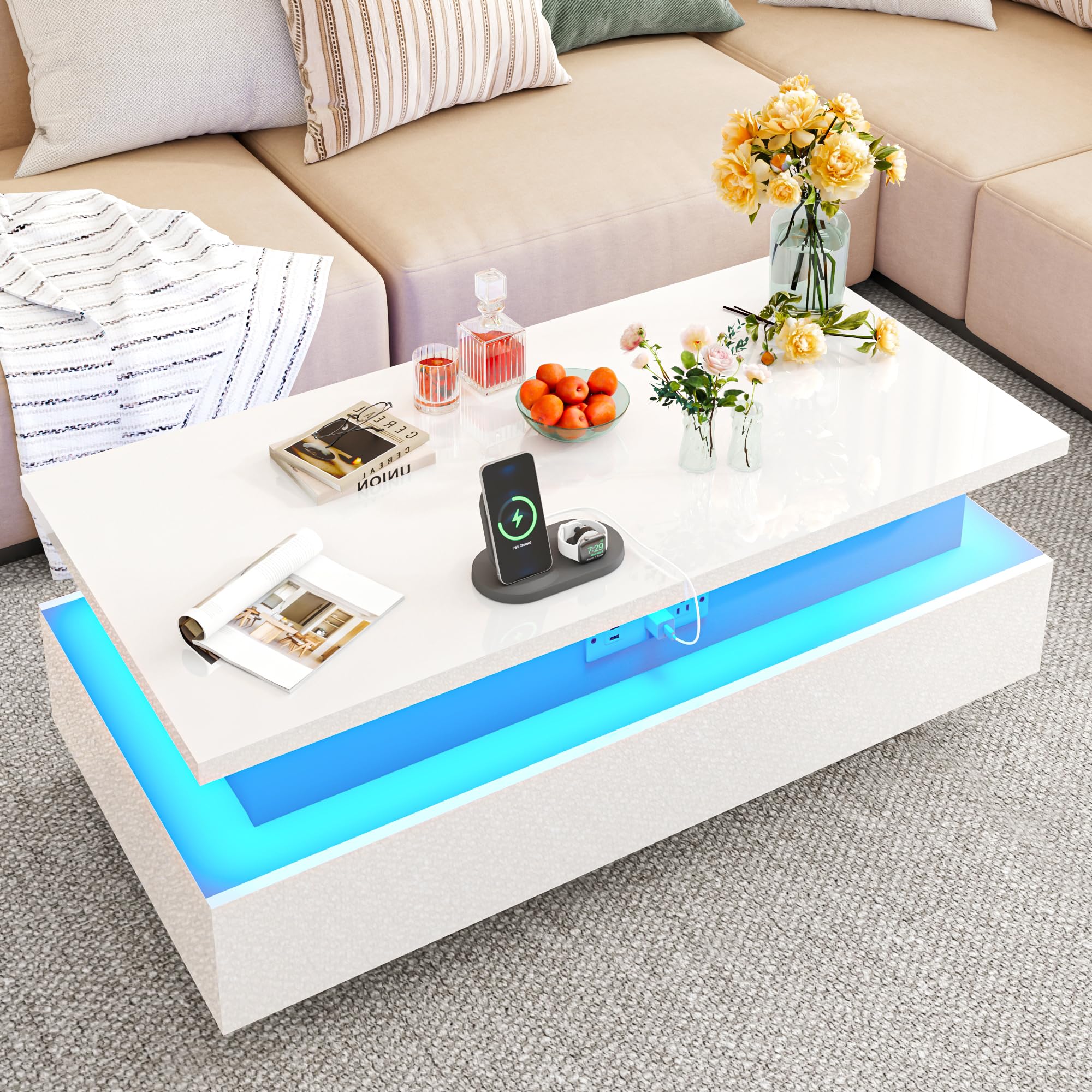 Modern LED Coffee Table with Storage, High Gloss Coffee Tables Rectangular Center Table with Open Display Shelf & 2 Sliding Drawers