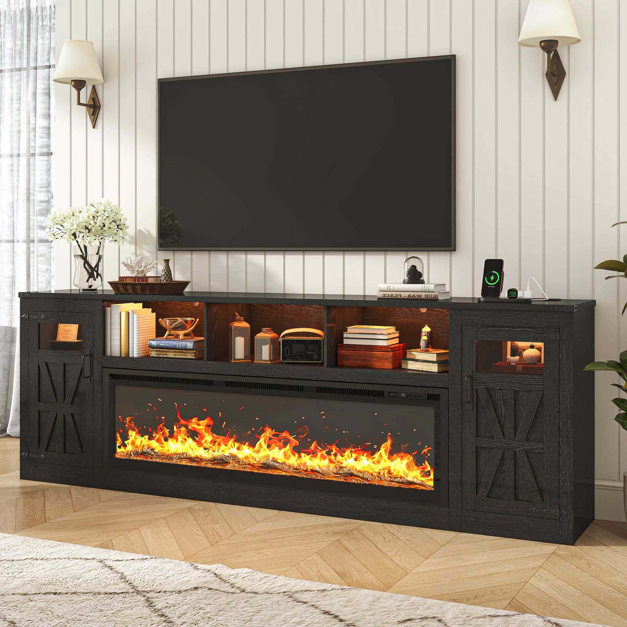 Blotout 95" Fireplace TV Stand for TVs up to 100" with 60" Electric Fireplace, Large Farmhous Media Entertainment Center w/LED Lights/Power Outlets & Barn Doors Storage Cabinet for Living Room,Brown
