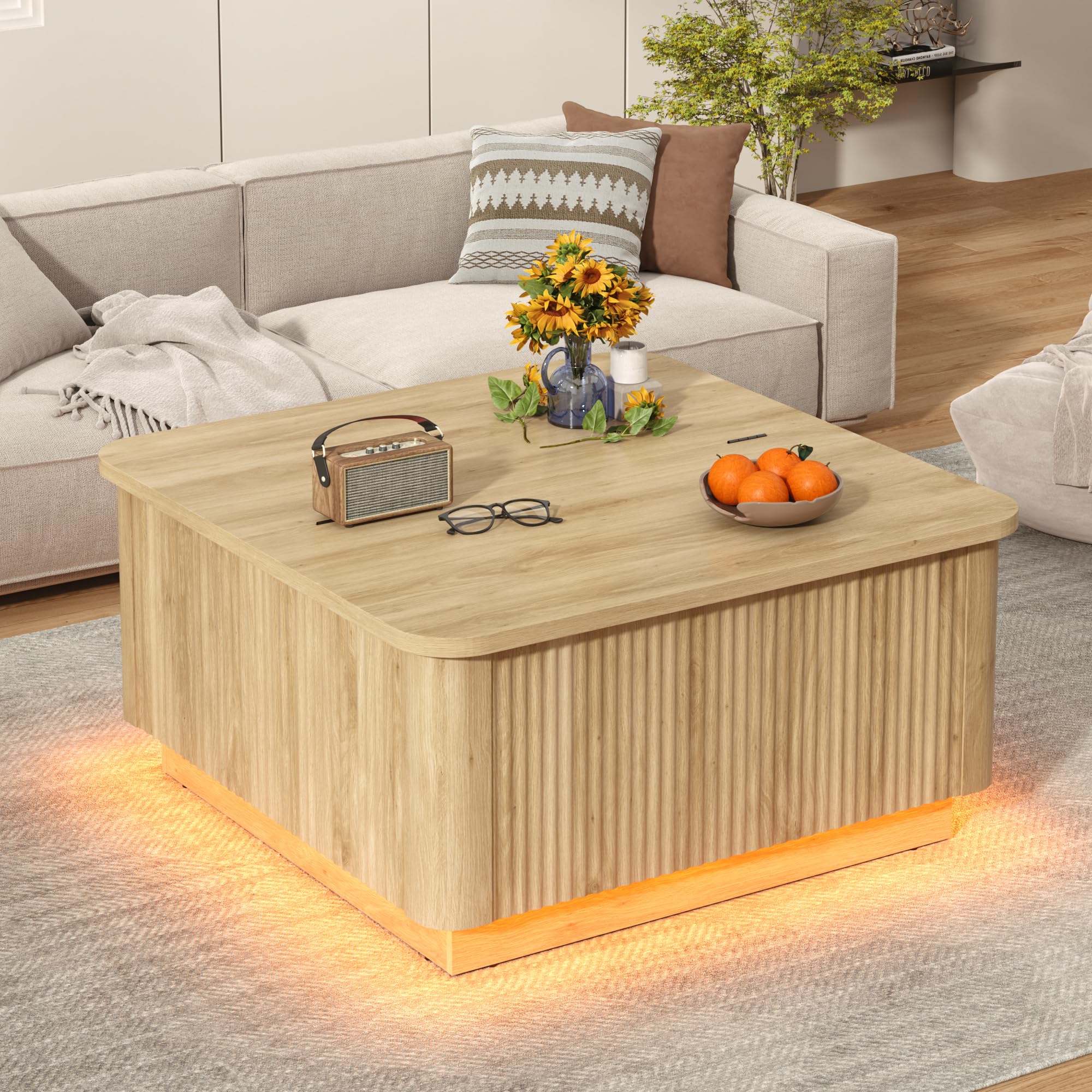 Blotout 35.4" Square Fluted Coffee Table with Lift Top and LED Lights, Wood Curved Design Center Table for Living Room, Modern Multi-Function Coffee Table with Large Hidden Space for Home,Office