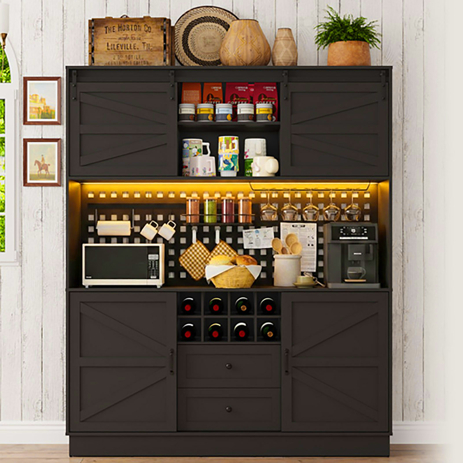 75"H 63"W Farmhouse Pantry Cabinet with Hutch & Power Outlet Pegboard