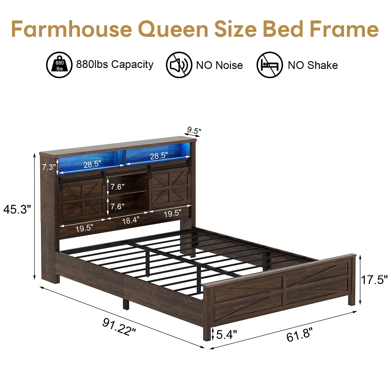 Farmhouse Queen Size Bed Frame with LED Light & Charging Station, Sliding Barn Door Storage Headboard
