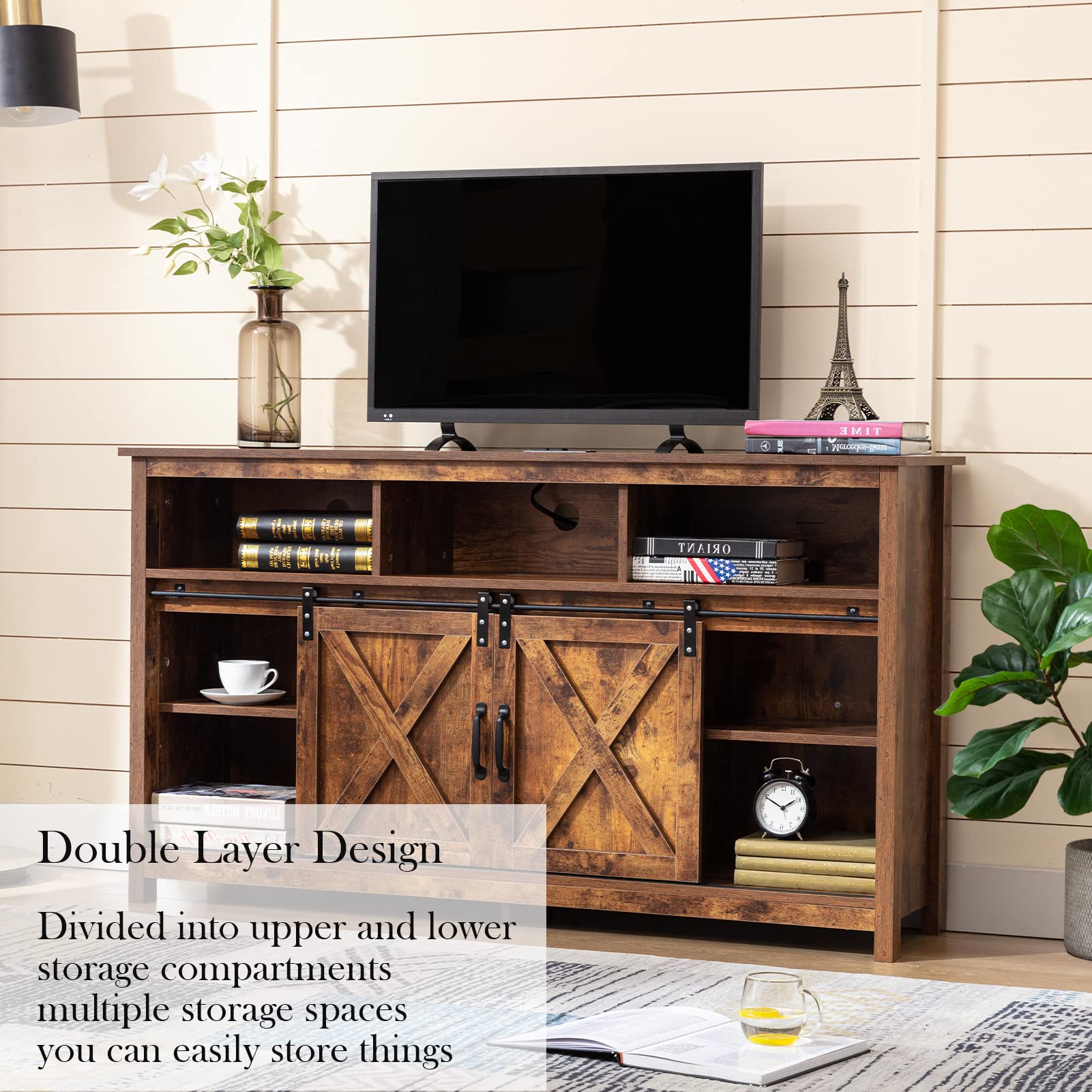 Blotout 4 Layer Farmhouse Coffee Bar Cabinet With Power Outlet & LED Light, 57" Barn Door Buffet Cabinet Kitchen Storage With Adjustable Shelves