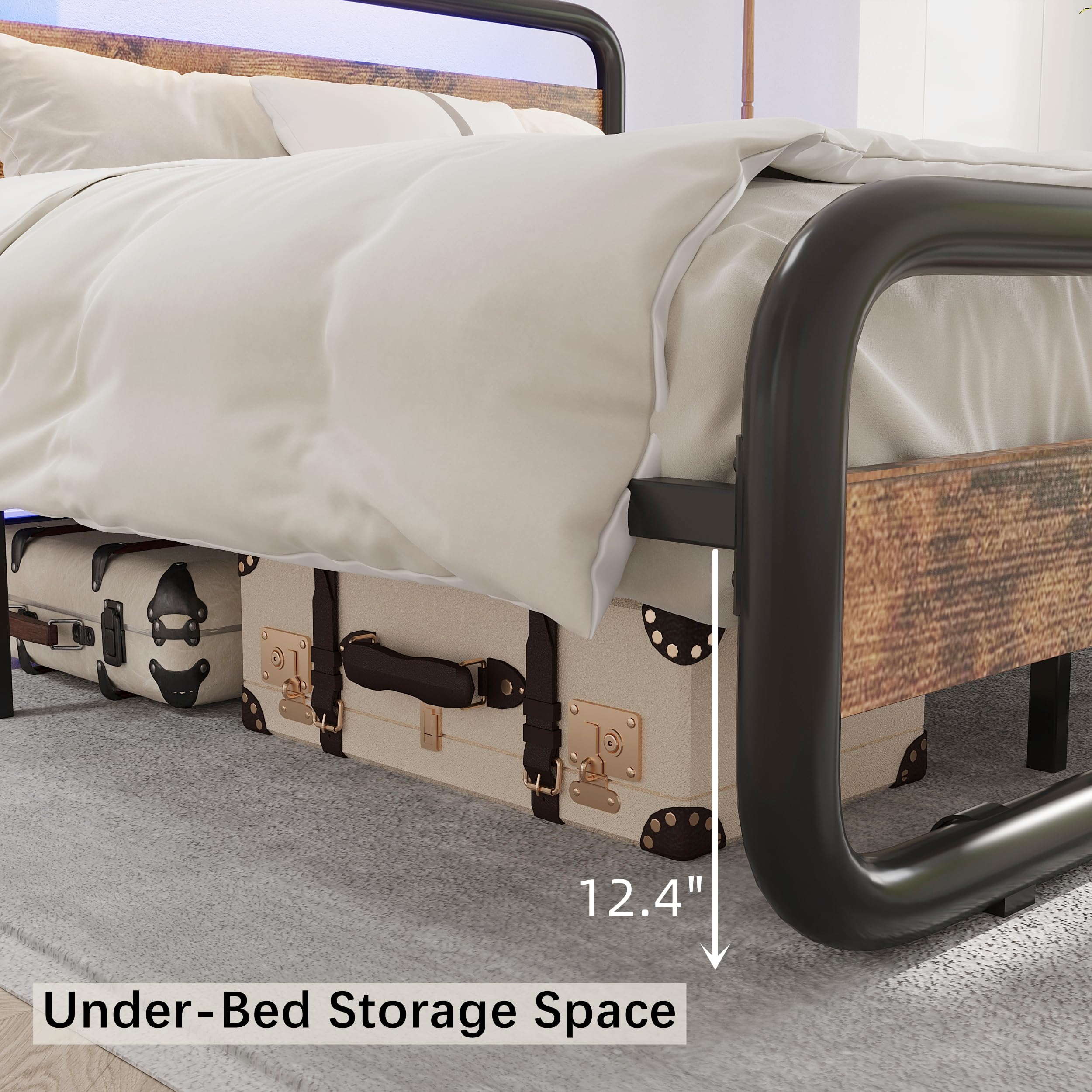 Heavy Duty Metal Bed Frame with Wood Headboard & Footboard