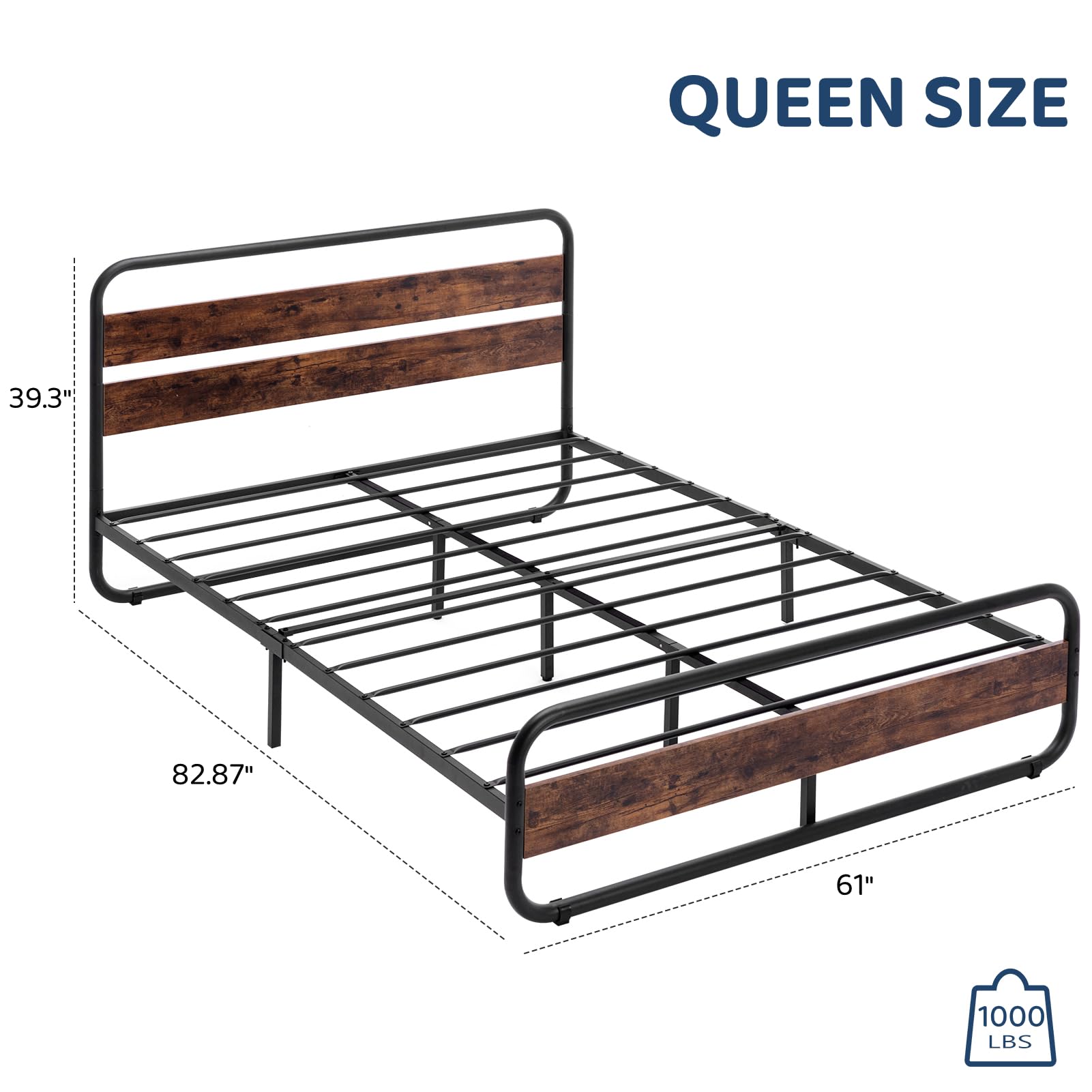 Heavy Duty Metal Bed Frame with Wood Headboard & Footboard