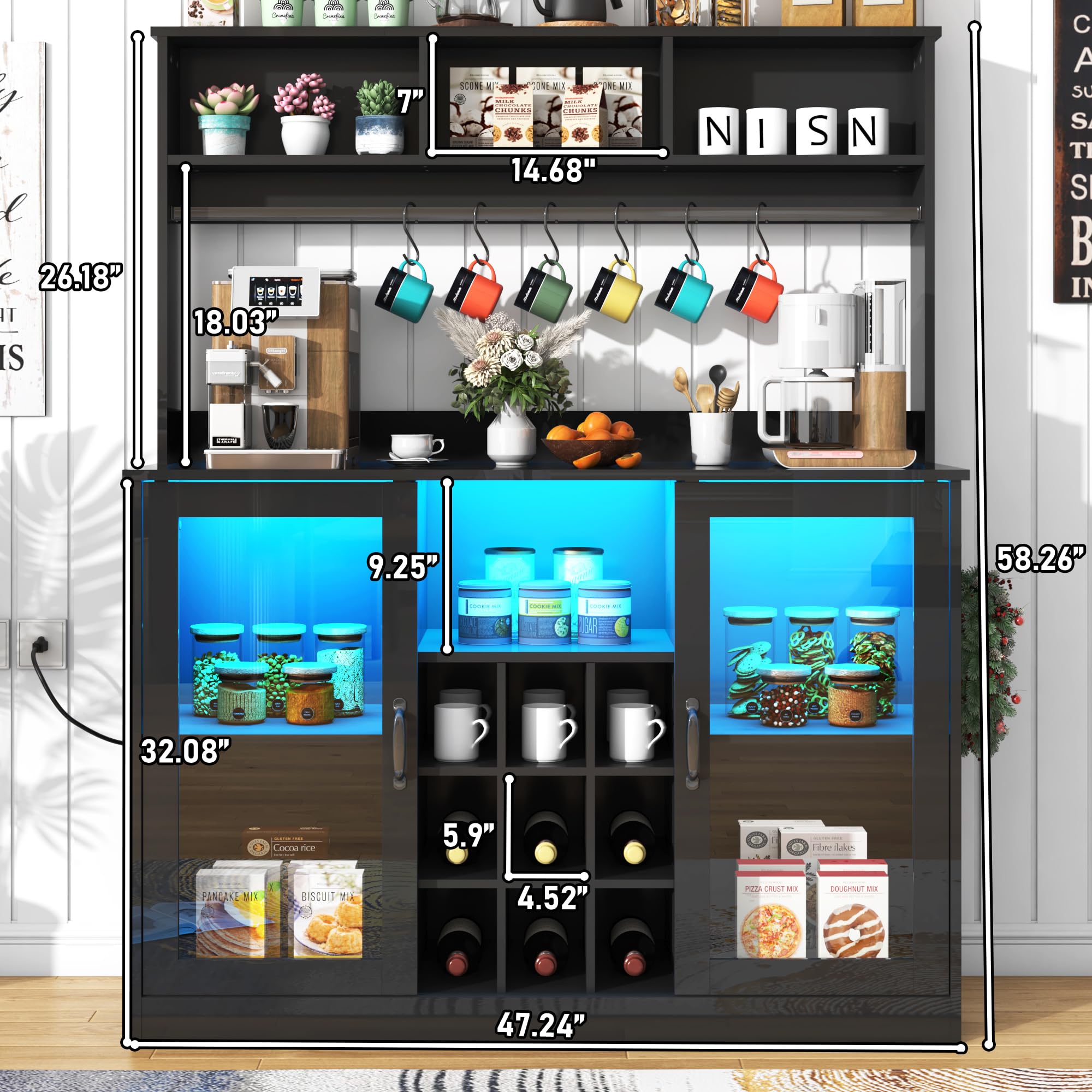 Blotout LED Kitchen Pantry Storage Cabinet with Power Outlet, 58" Tall Bar Cabinet with Lights, Adjustable Shelf, 9 Wine Racks, 6 Hooks , Morden Glass Door Cabinet with Storage, Black