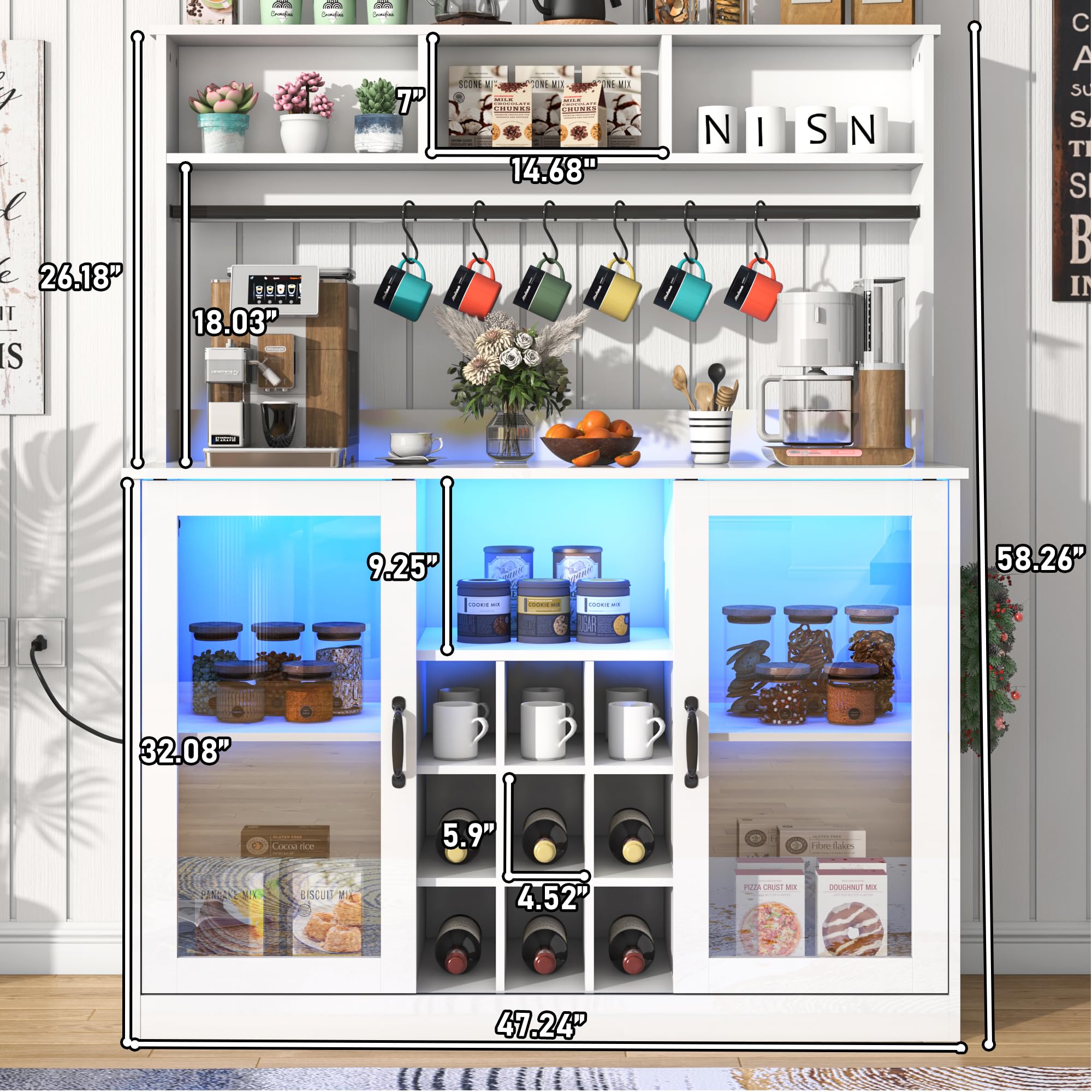 Blotout LED Kitchen Pantry Storage Cabinet with Power Outlet, 58" Tall Bar Cabinet with Lights, Adjustable Shelf, 9 Wine Racks, 6 Hooks , Morden Glass Door Cabinet with Storage, Black