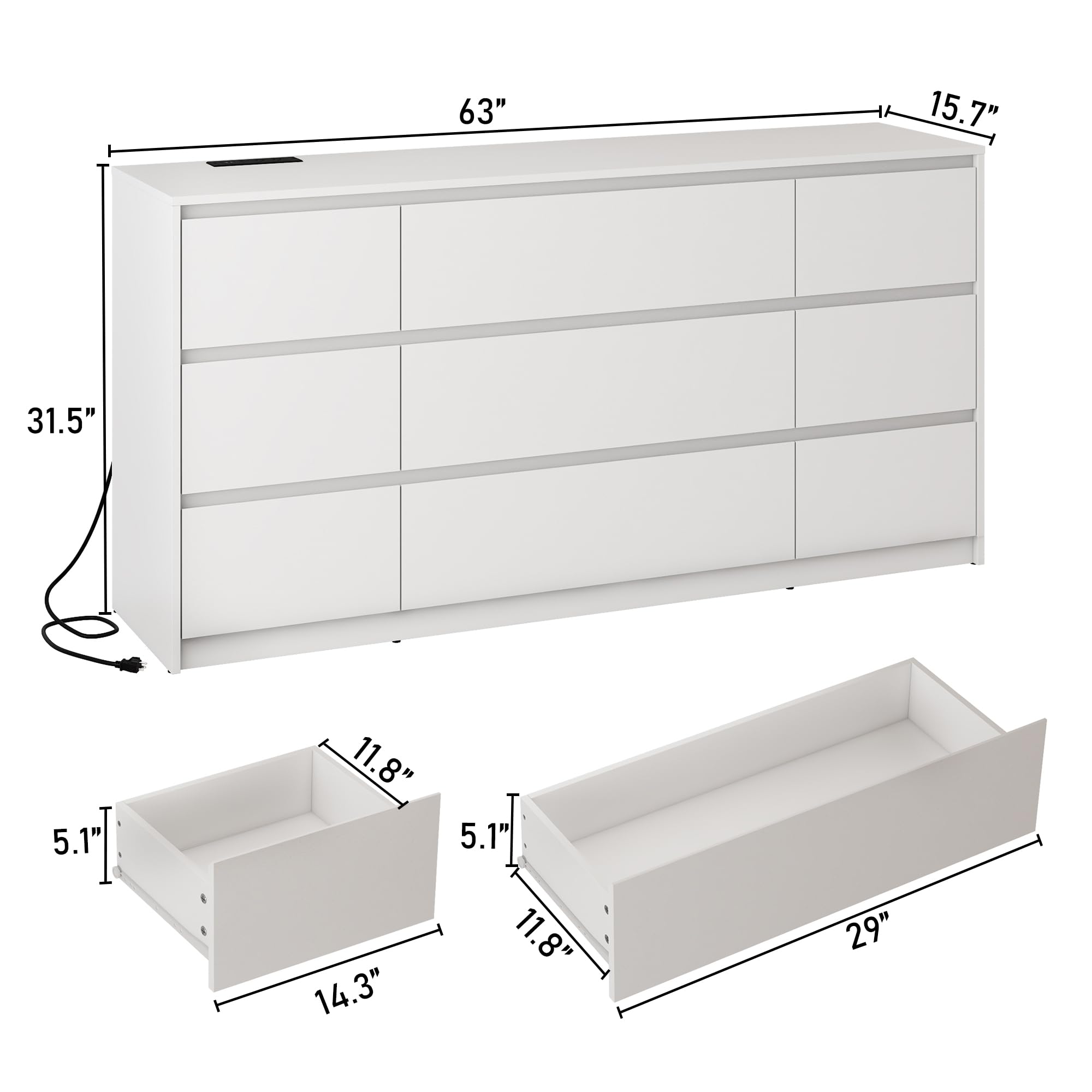 Blotout Modern Black 9 Dresser for Bedroom with Charging Station, 63" Large Wood Chest of 9 Drawers Handle Free, Long Dresser Drawers for Bedroom, Living Room, Entryway, Hallway