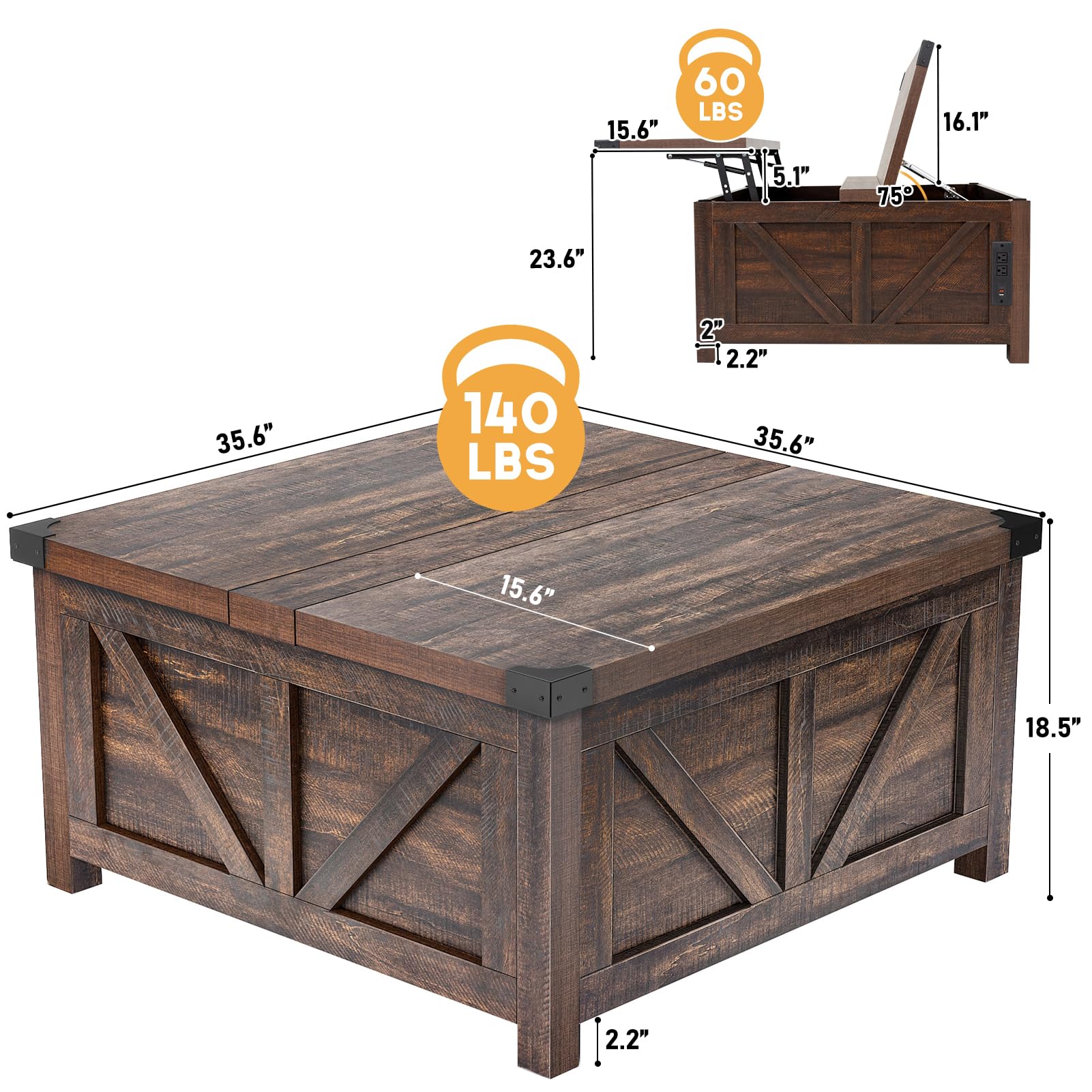 Blotout 35.6" Lift Top Coffee Table with Storage, Farmhouse Square Coffee Table with Charging Ports, Wood Center Table w/Large Hidden Space for Living Room Home Office,Brown