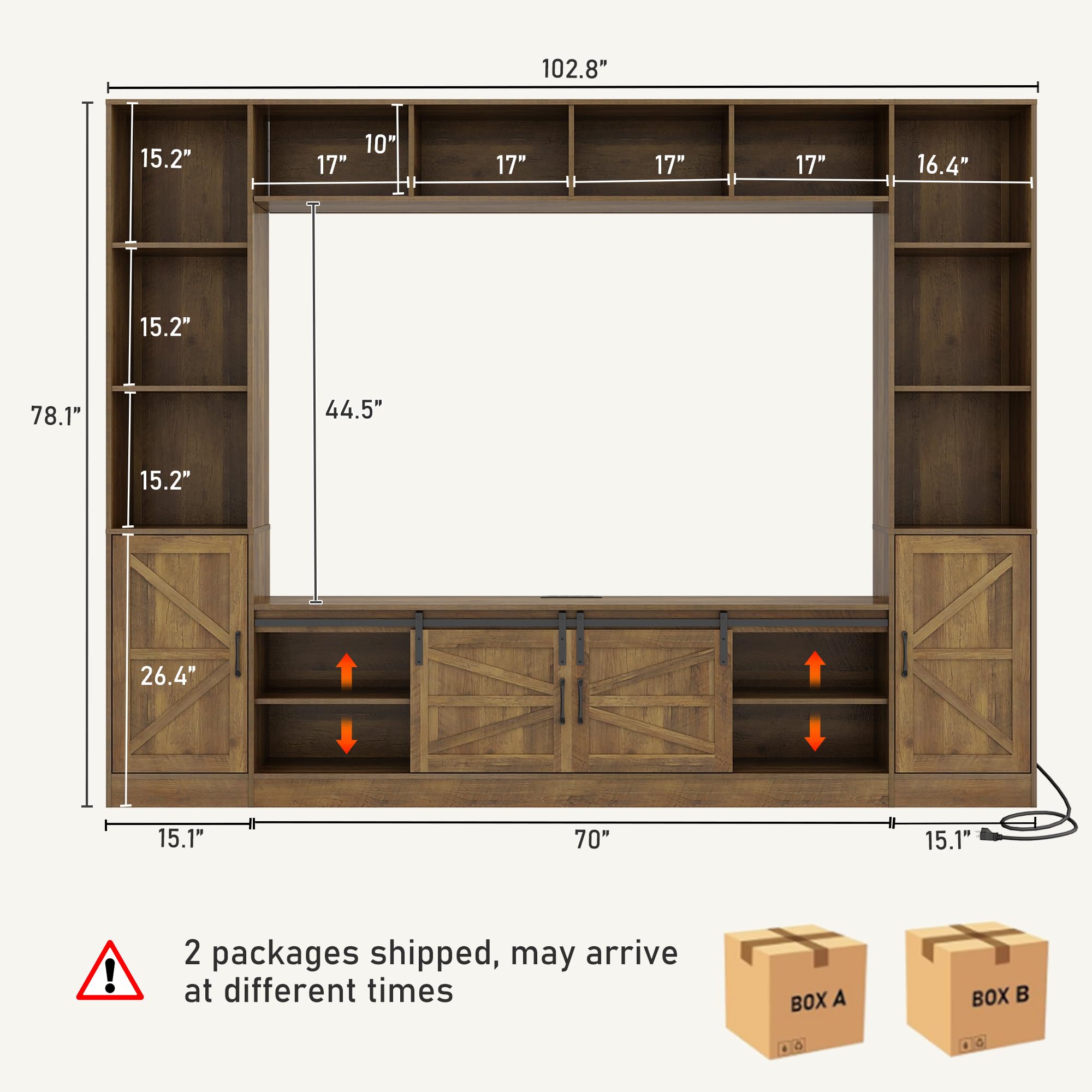 Blotout 103" Entertainment Center for TVs up to 80", Large Wall Unit TV Stand with Storage, Farmhouse TV Wall Unit with Sliding Barn Door and Power Outlet, Rustic Brown