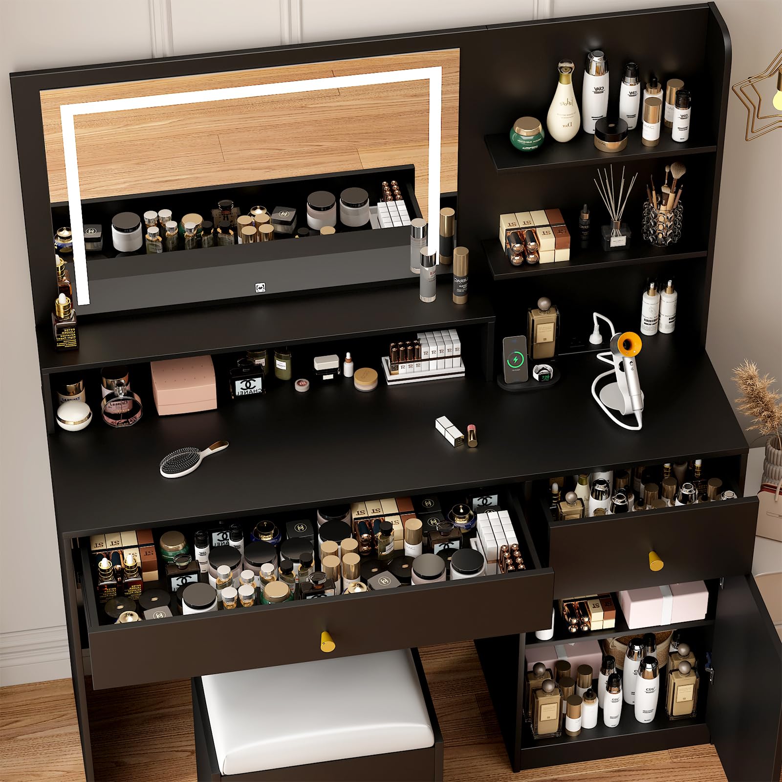 37" Vanity Desk Set with LED Light Mirror For Girls