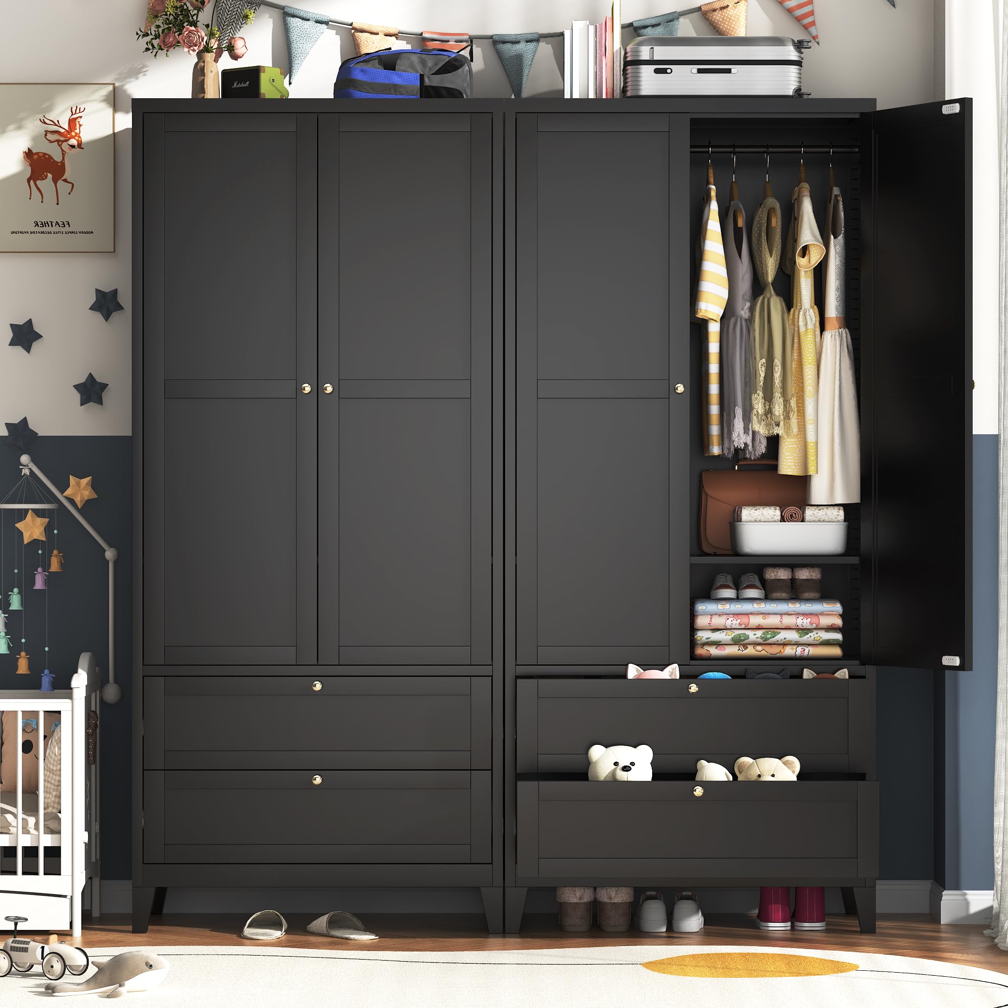 71" 2 Door Armoire Wardrobe Closet with 2 Drawers, Metal Armoire Closet Clothing Storage Cabinet with Hanging Rod & Adjustable Shelf for Bedroom Dorm