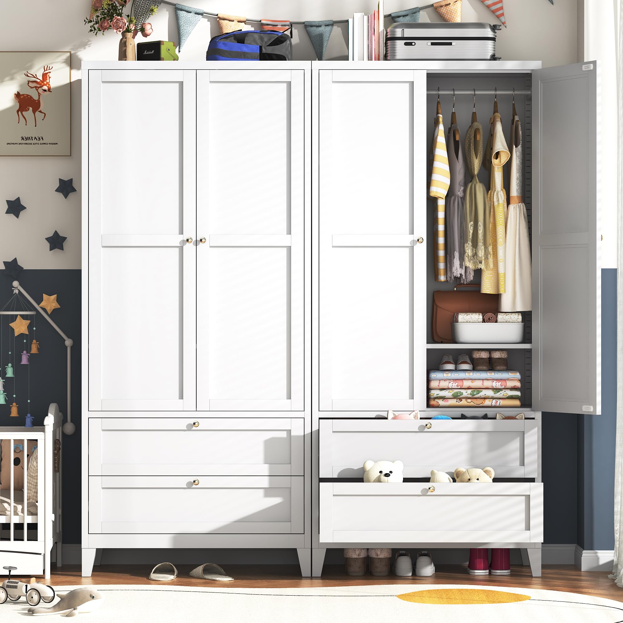 71" 2 Door Armoire Wardrobe Closet with 2 Drawers, Metal Armoire Closet Clothing Storage Cabinet with Hanging Rod & Adjustable Shelf for Bedroom Dorm