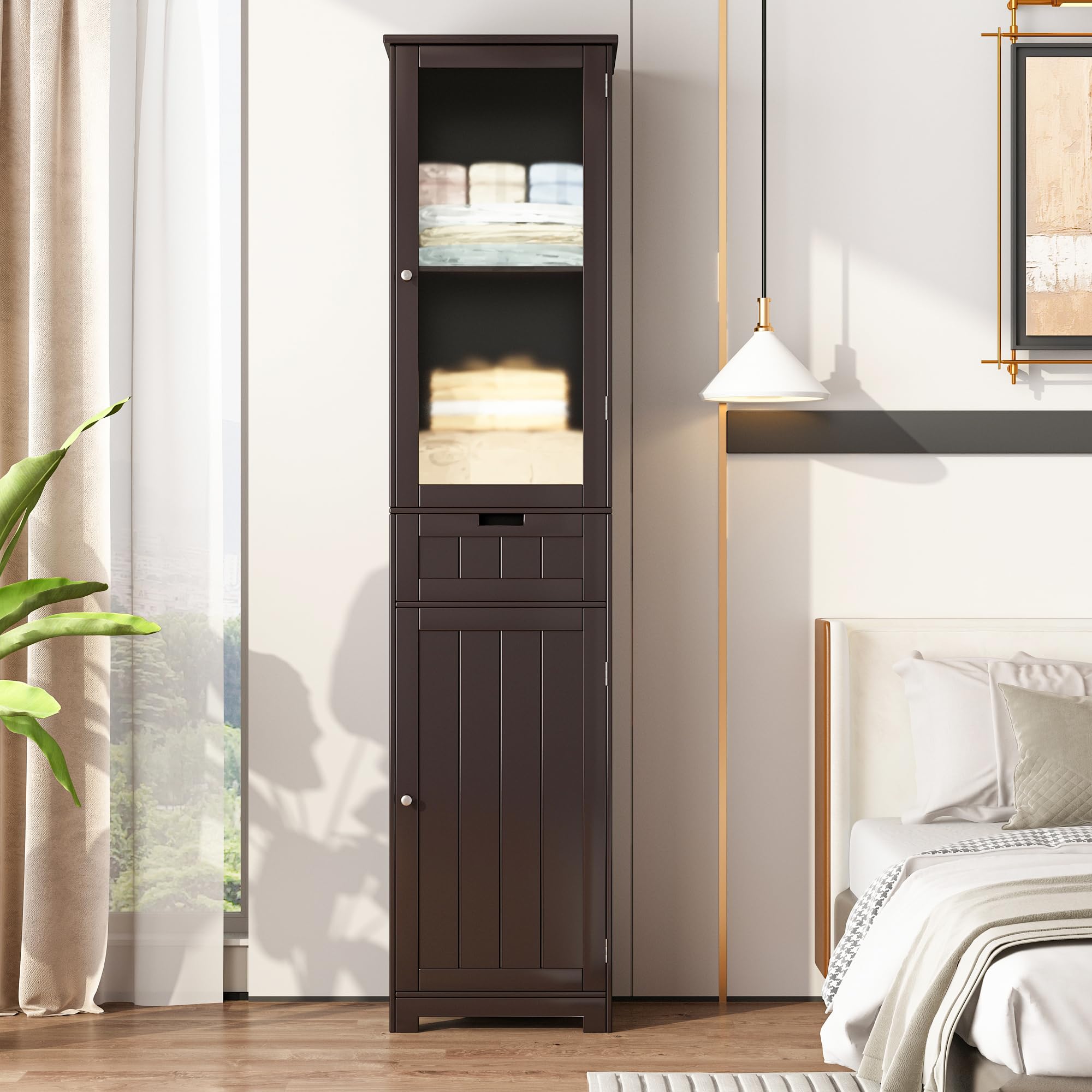 Blotout 64" White Tall Bathroom Cabinet, 6 Shelf Morden Bathroom Storage Cabinet with 4 Doors/Adjustable Shelf,Floor Freestanding Cabinet for Bathroom,Kitchen,Living Room