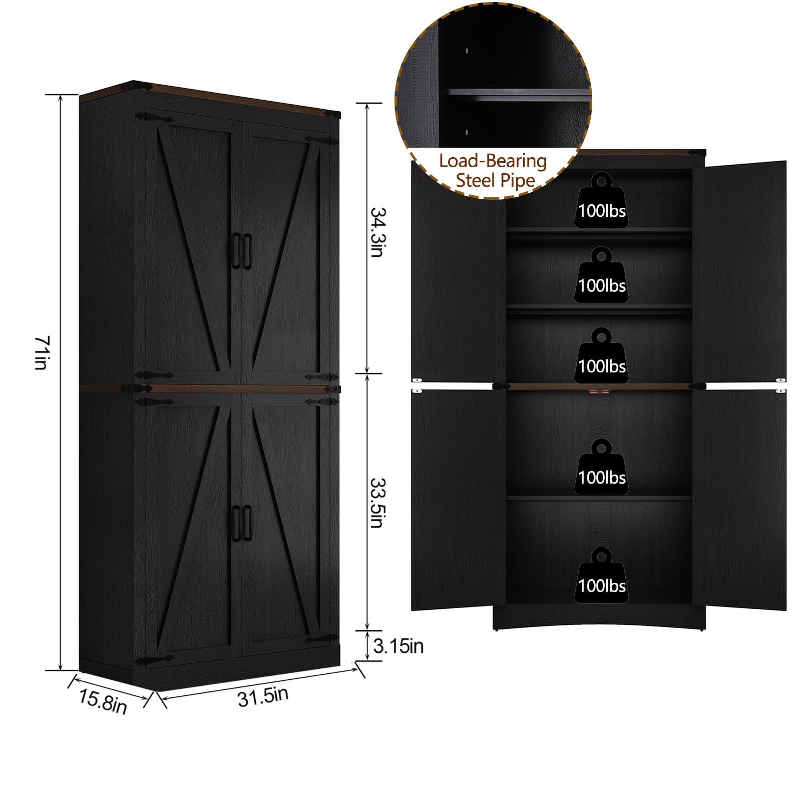71" Tall Farmhouse Kitchen Pantry Cabinet, 5 Layers Storage Cabinet with Adjustable Shelves, Farmhouse Pantry Cabinet with 4 Barn Doors for Kitchen, Dining Room, Bathroom, Living Room, Rustic White