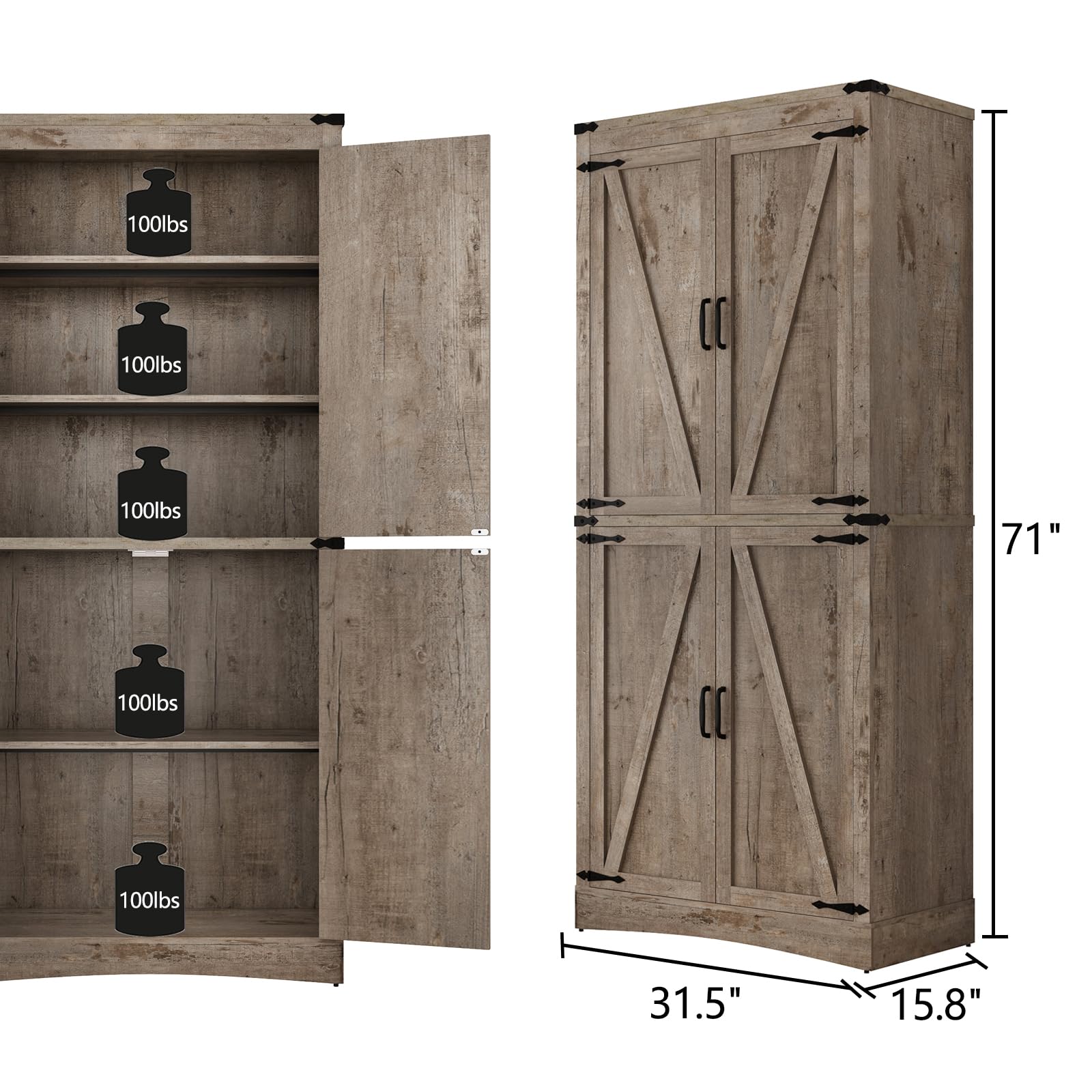 71" Tall Farmhouse Kitchen Pantry Cabinet, 5 Layers Storage Cabinet with Adjustable Shelves, Farmhouse Pantry Cabinet with 4 Barn Doors for Kitchen, Dining Room, Bathroom, Living Room, Rustic White