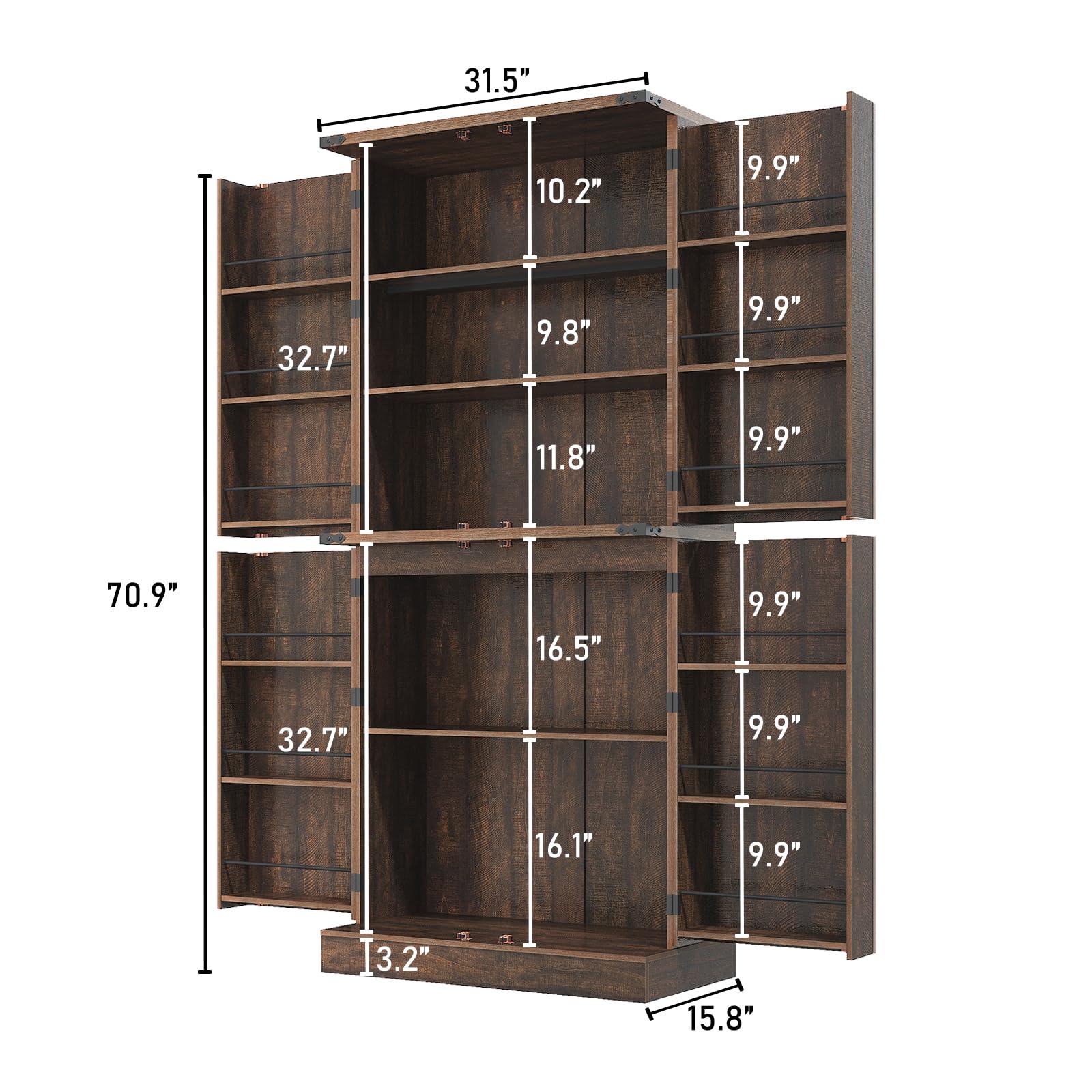 71" Tall Farmhouse Kitchen Pantry with 12 Side Shelves, 5 Layers Pantry Storage Cabinet w/Load-Bearing Steel Pipe & 4 Barn Doors/Adjustable Shelves for Kitchen, Dining Room, Living Room, Brown