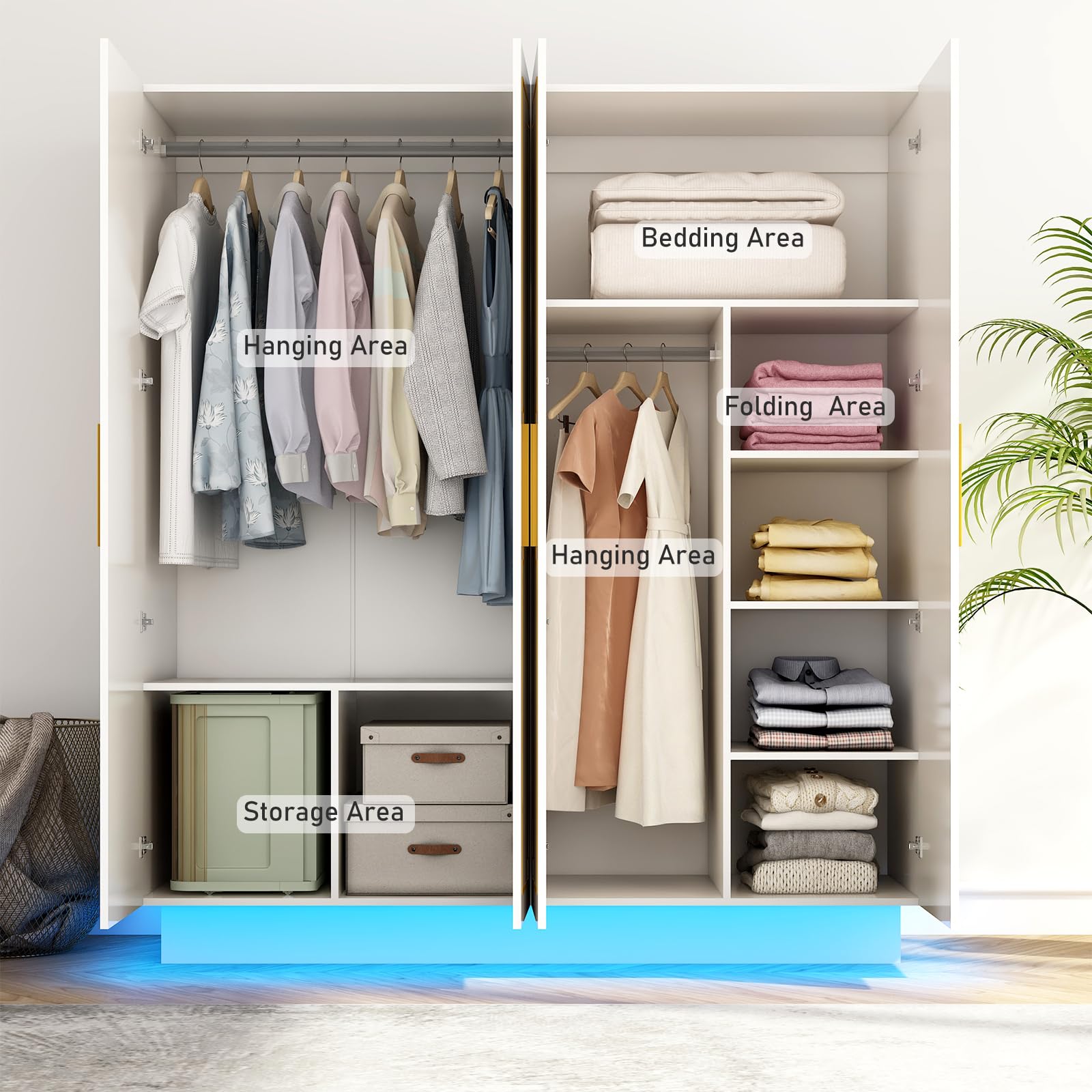 4 Door Wardrobe Armoire with LED Light, 70" Large Wooden Closet Storage with Hanging Rods & Multi-Layer Shelves for Large Bedroom