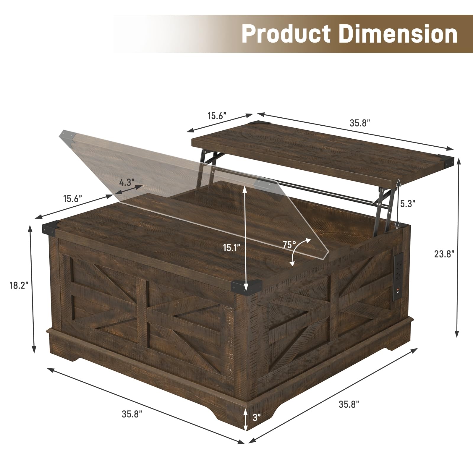 ANPOO 40" Large Farmhouse Lift Top Coffee Table with Storage & Power Outlets, Square Coffee Table w/Large Hidden Storage, Lift Wooden Barn Door Center Table for Home, Office,Rustic White