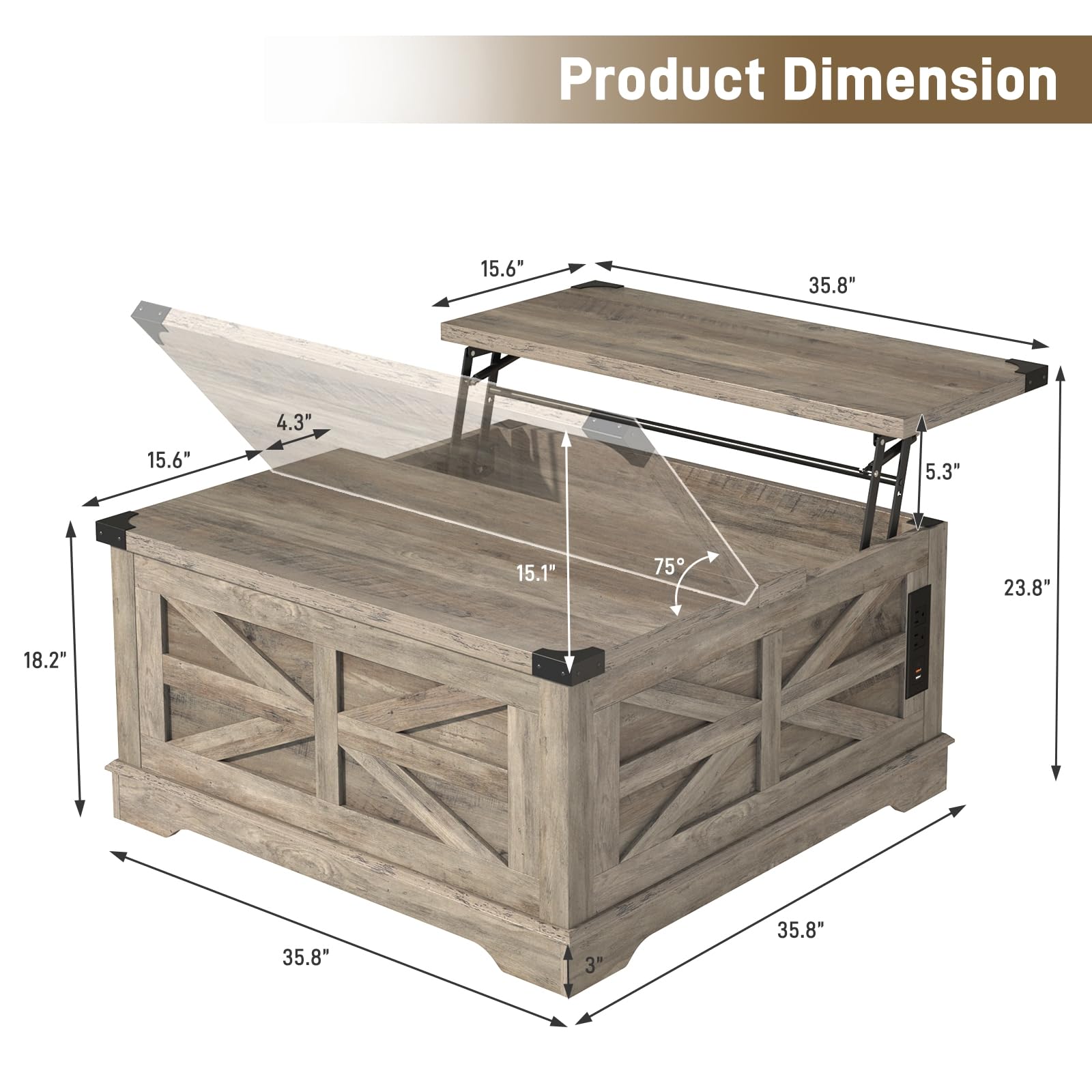ANPOO 40" Large Farmhouse Lift Top Coffee Table with Storage & Power Outlets, Square Coffee Table w/Large Hidden Storage, Lift Wooden Barn Door Center Table for Home, Office,Rustic White