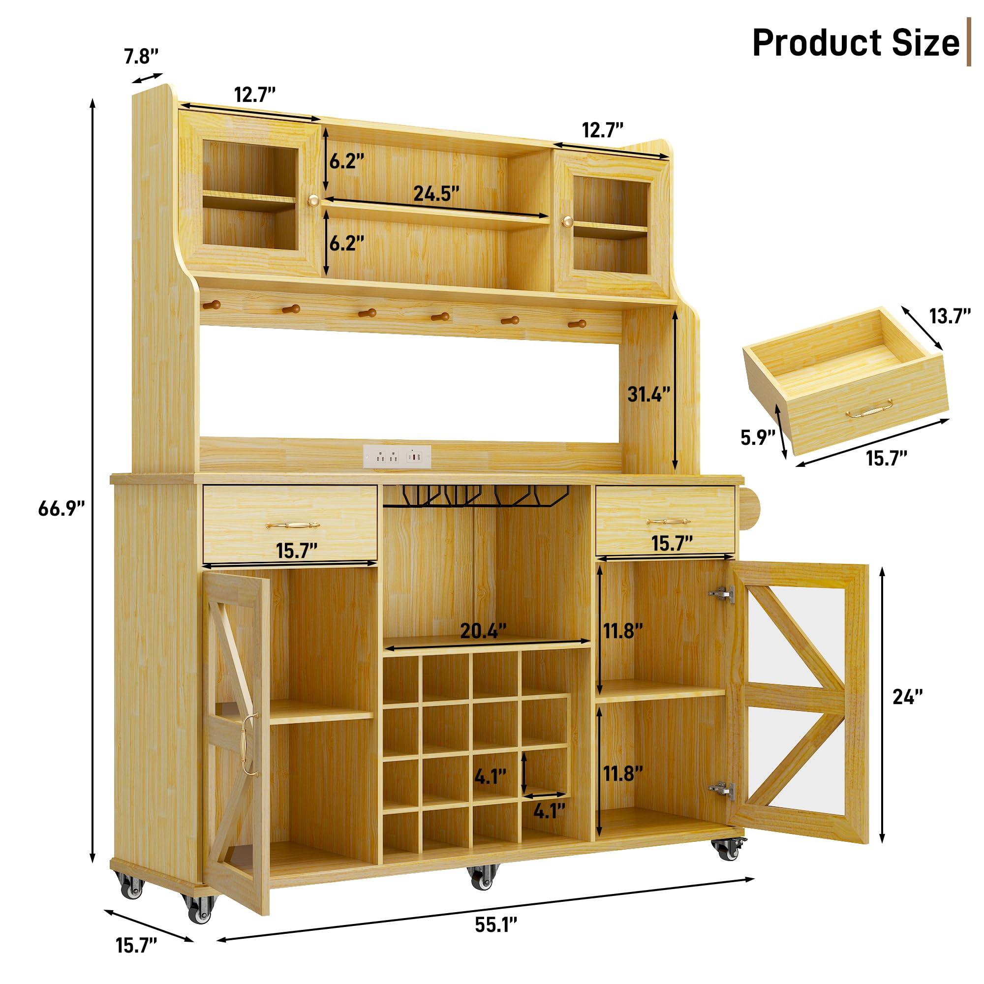 [Copy]74" Farmhouse Kitchen Pantry Storage Cabinet with LED Light & Charging Station