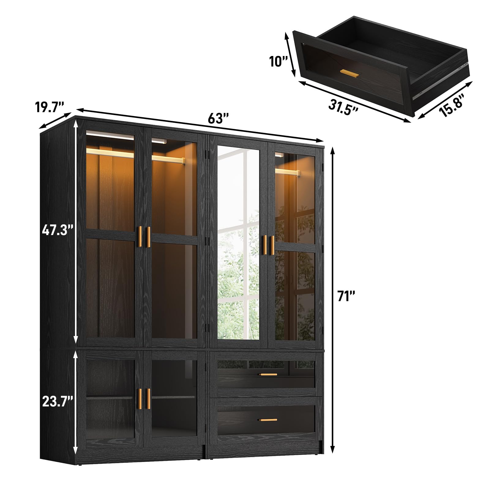 4 Glass Door Armoire Wardrobe Closet with Mirror & LED