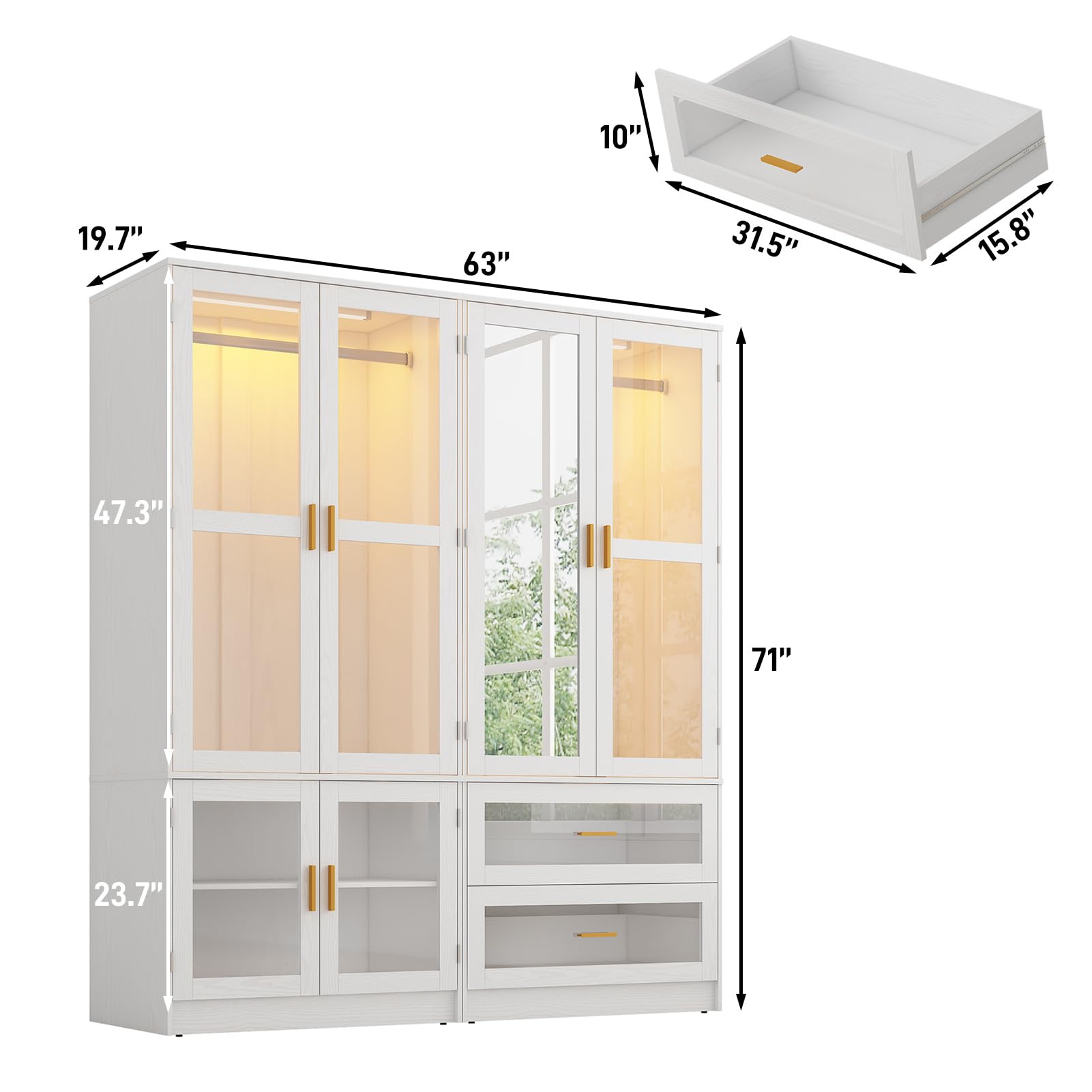 4 Glass Door Armoire Wardrobe Closet with Mirror & LED