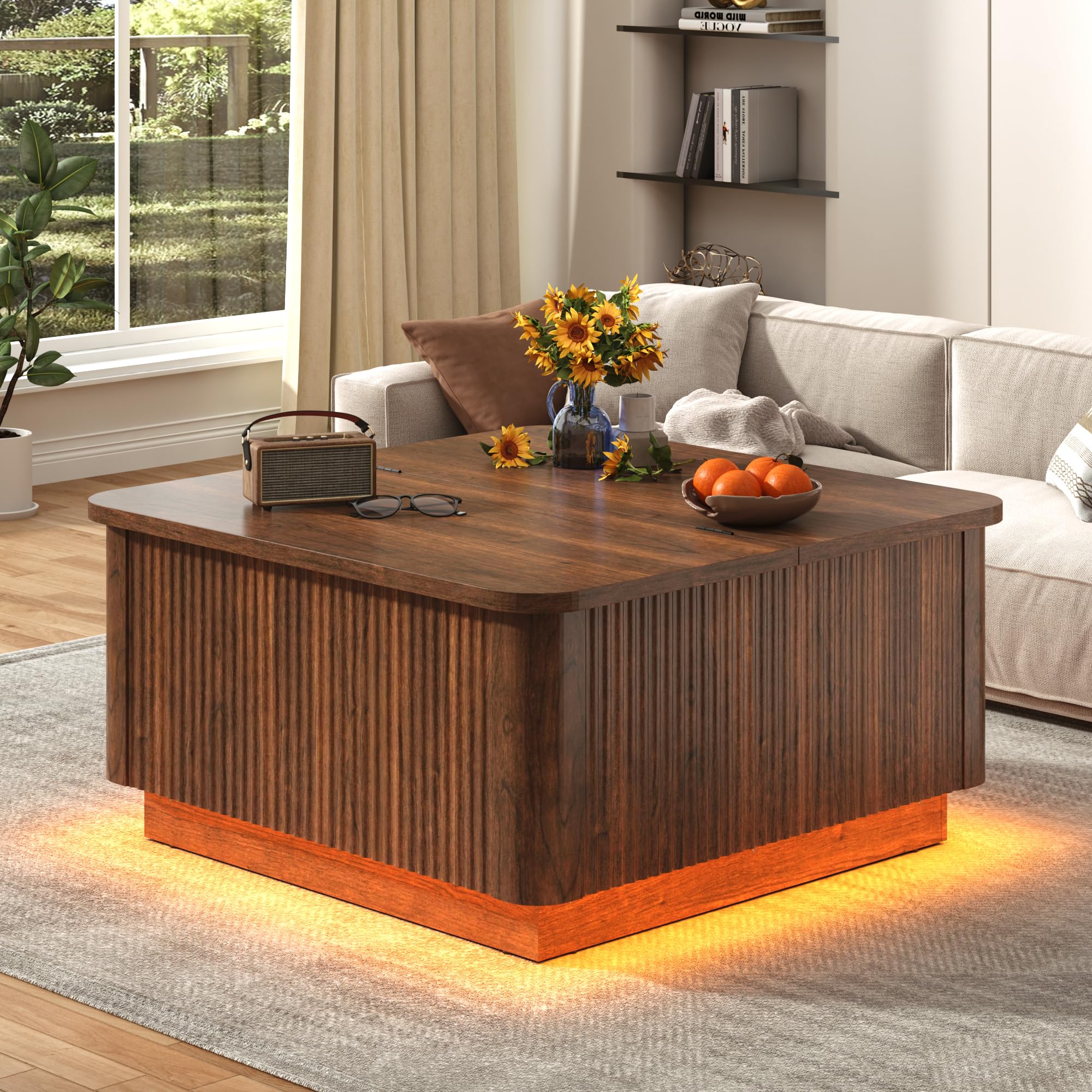 Blotout 35.4" Square Fluted Coffee Table with Lift Top and LED Lights, Wood Curved Design Center Table for Living Room, Modern Multi-Function Coffee Table with Large Hidden Space for Home,Office